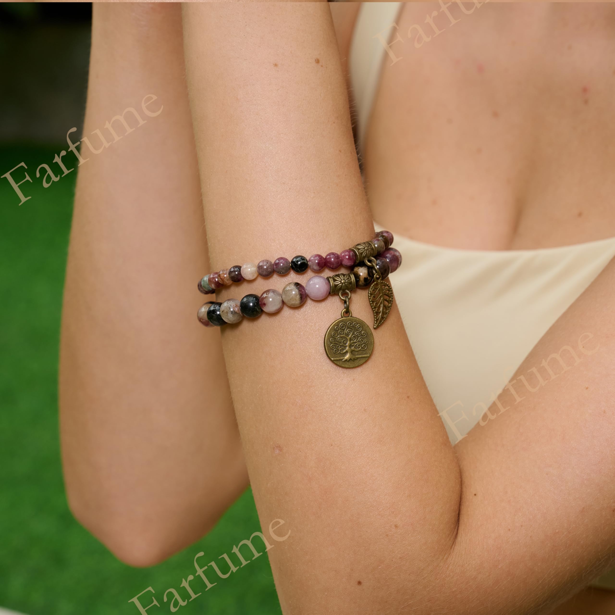 Farfume Braccialetti Chakra da donna - Bracciale con cristalli di pietre curative per donna Bracciale con pietre preziose naturali - Un set di braccialetti con doppia perla