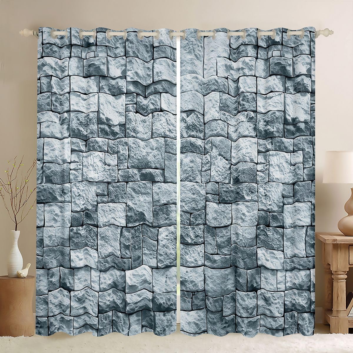 Homewish Ceglane zasłony okienne, 117 x 183 cm, 2 zestawy paneli - vintage zasłony zaciemniające z nadrukiem kamienia, teksturowane zasłony okienne, starożytny średniowieczny zamek, dekoracje