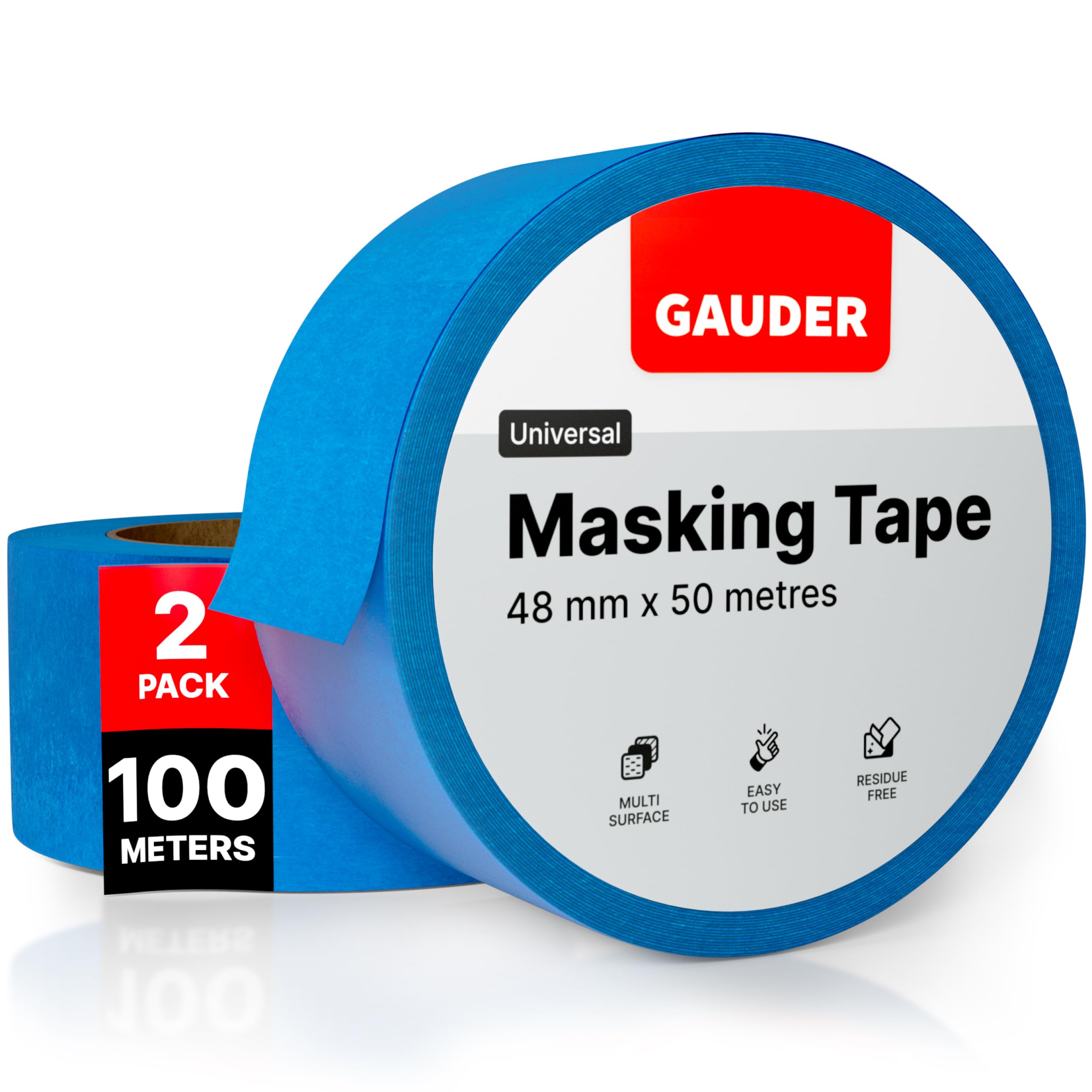 GAUDER Masking Tape for Painting - Painter's Tape for Precise Edges - Professional Solution for Decorating, Renovating and DIY Projects (2 Rolls - 48 mm x 50 m)