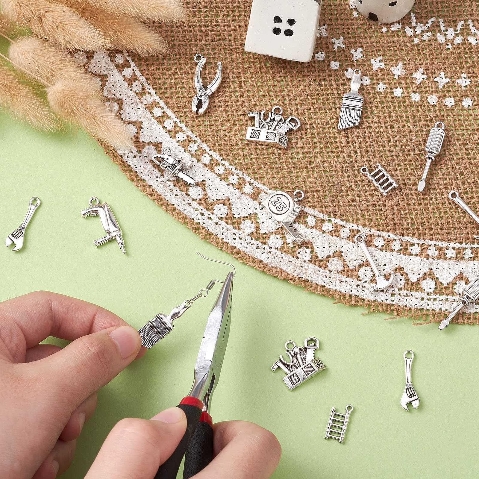 Stiesy 50Pcs 10 Styles Tibetan Tool Charms Antique Silver Hammer Saw Wrench Pliers Screwdriver Charm Bulk Vintage Builders Dangle for Bracelet Jewellery Making DIY Crafts Necklace - Image 3