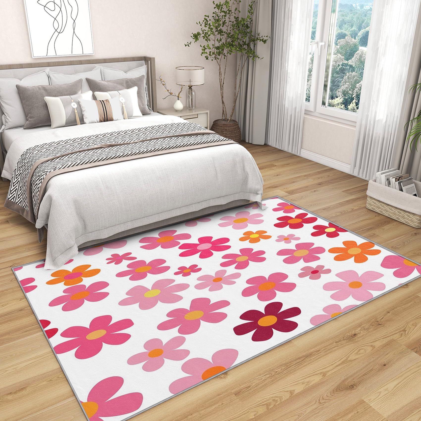 Generisch Blumen Teppich Kinderzimmer - Teppich Wohnzimmer Schlafzimmer Rosa Blumen, Kleiner Teppich Kinder Mädchen, Weich Kurzflor & Waschbar & rutschfest Fussmatte Innen, Kinderteppich 80x150 cm