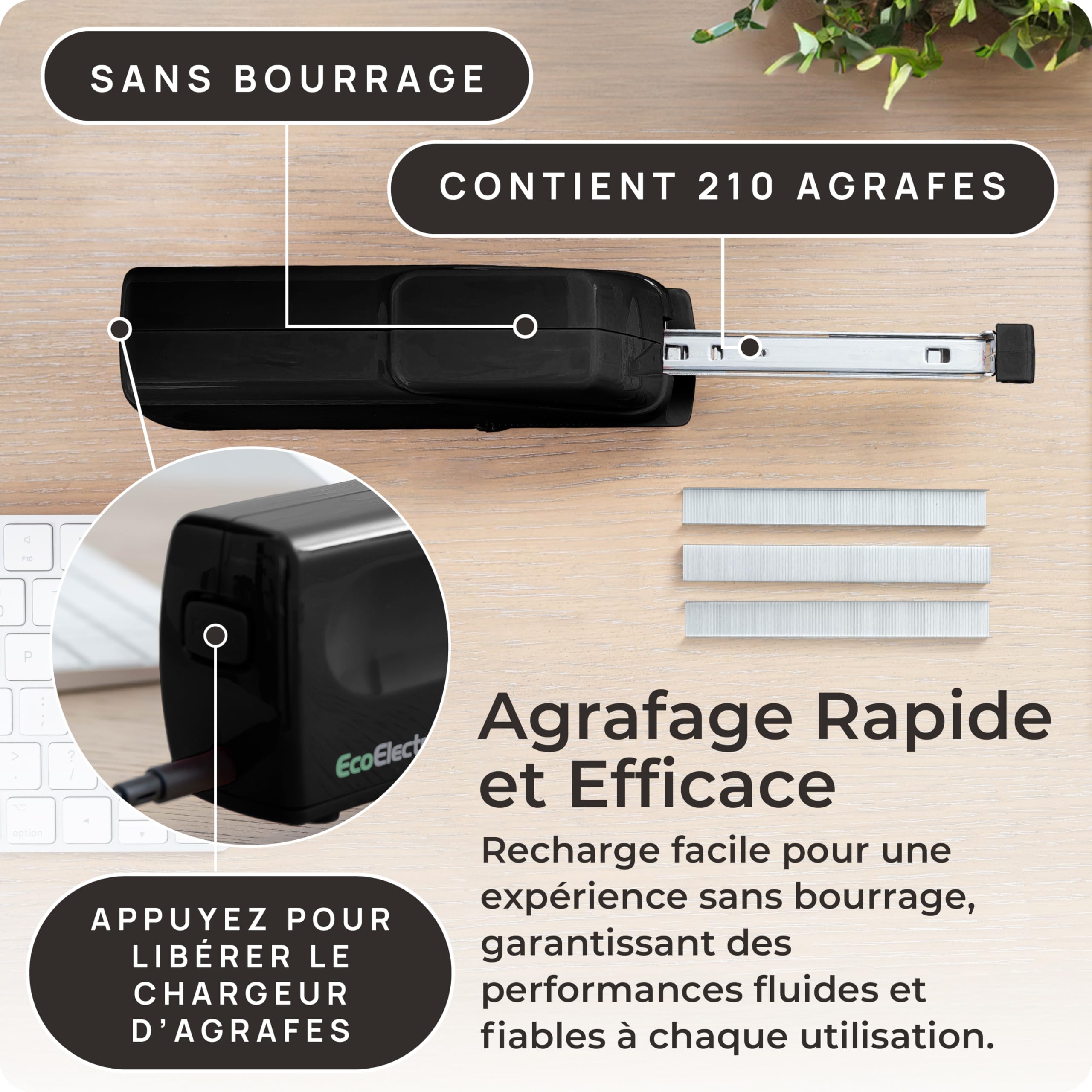 EcoElectronix Agrafeuse électrique automatique portable – Capacité de 30 feuilles, fonctionnement silencieux, sans bourrage et recharge facile – Adaptateur secteur/alimentation par piles (Noir)