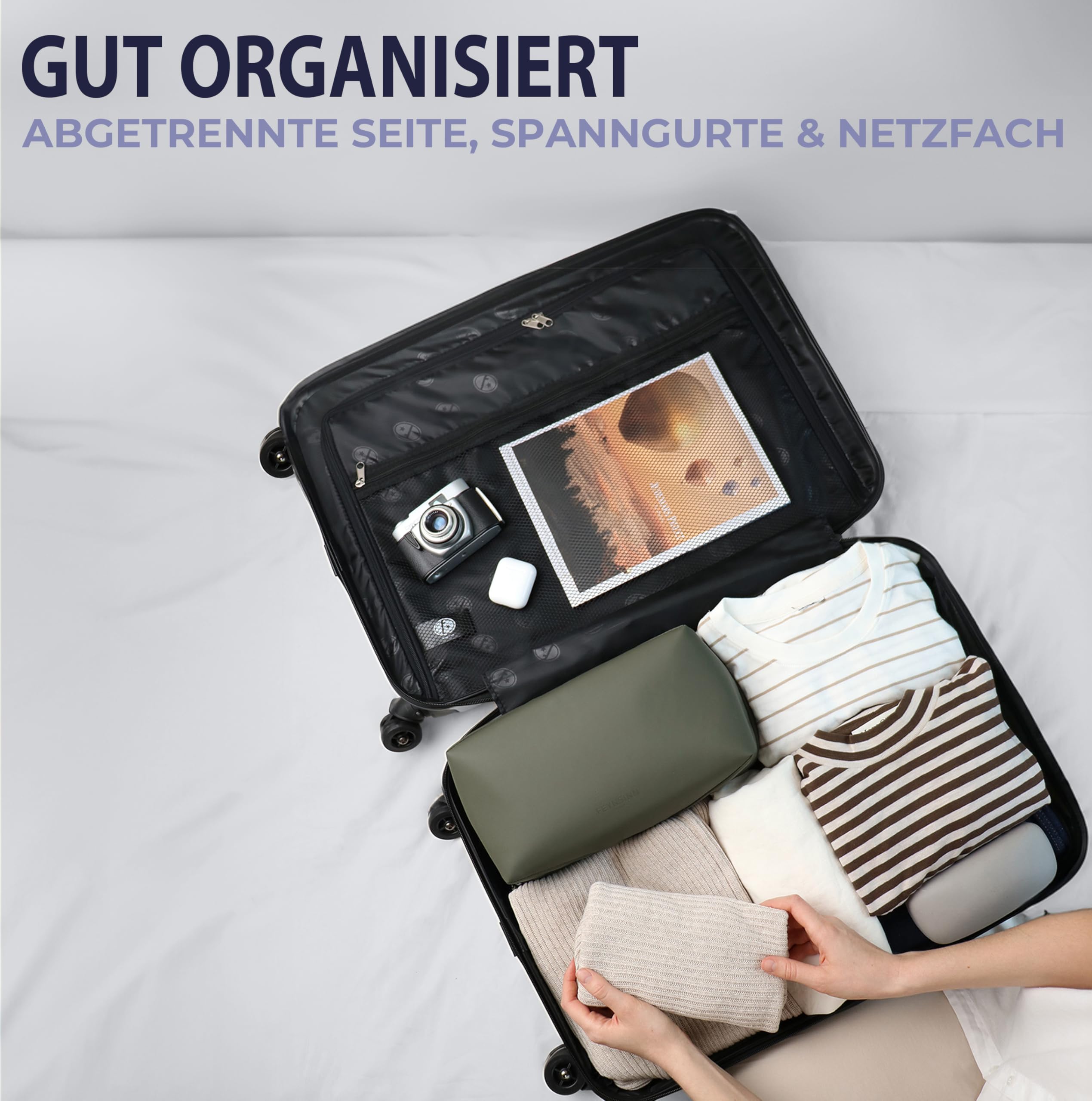 FERGÉ Kofferset Hartschale 5-teilig Milano 3 Größen Hartschalenkoffer Set + Reisetasche + Kulturbeutel - 3er Set Reise-Koffer 4 Rollen, leicht Reisen beige
