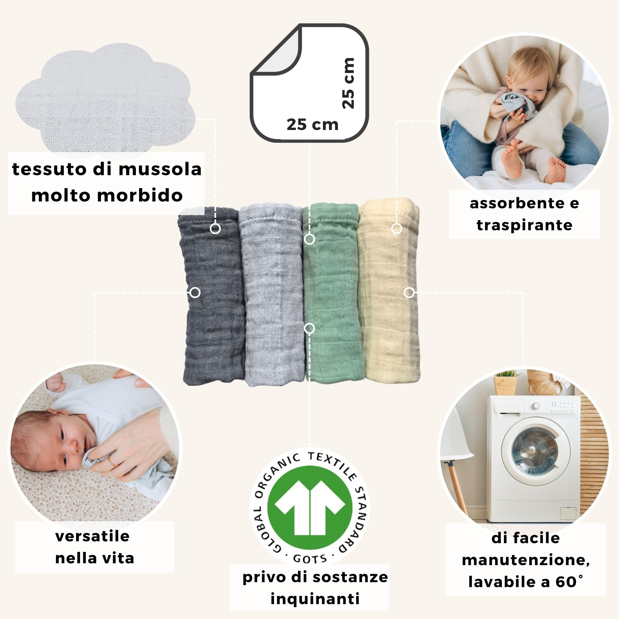 Mussole Neonato Cotone Furora BABY 120x120 Cm - Biologico E Lavabile A 60° - Foto 3