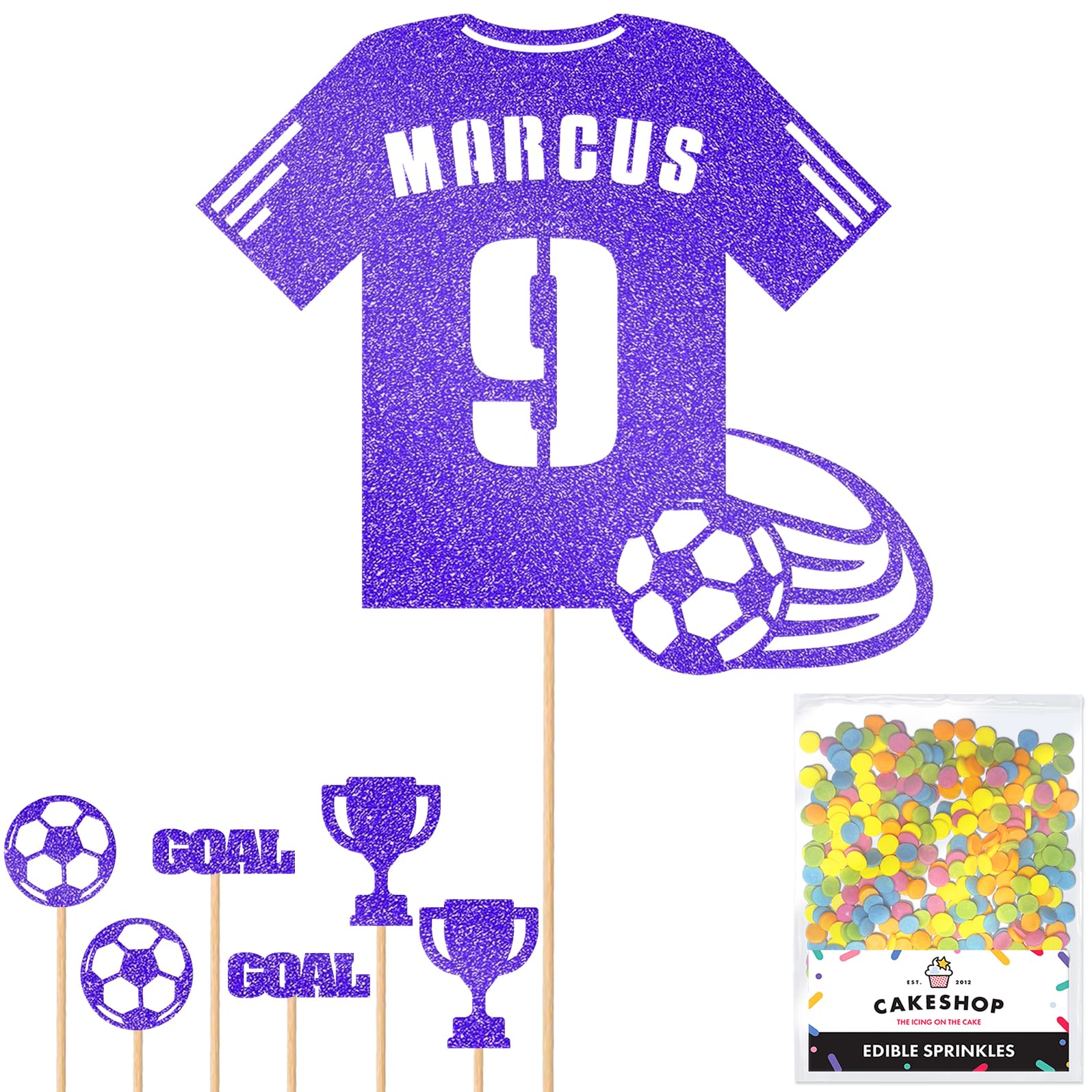 Personalised Birthday Football Kit Jersey Cake Topper- Blue Any Name & Age Number Glitter Cake Decoration and Sprinkles - Happy Birthday Decorations - Personalised Toppers for Cakes by Cakeshop