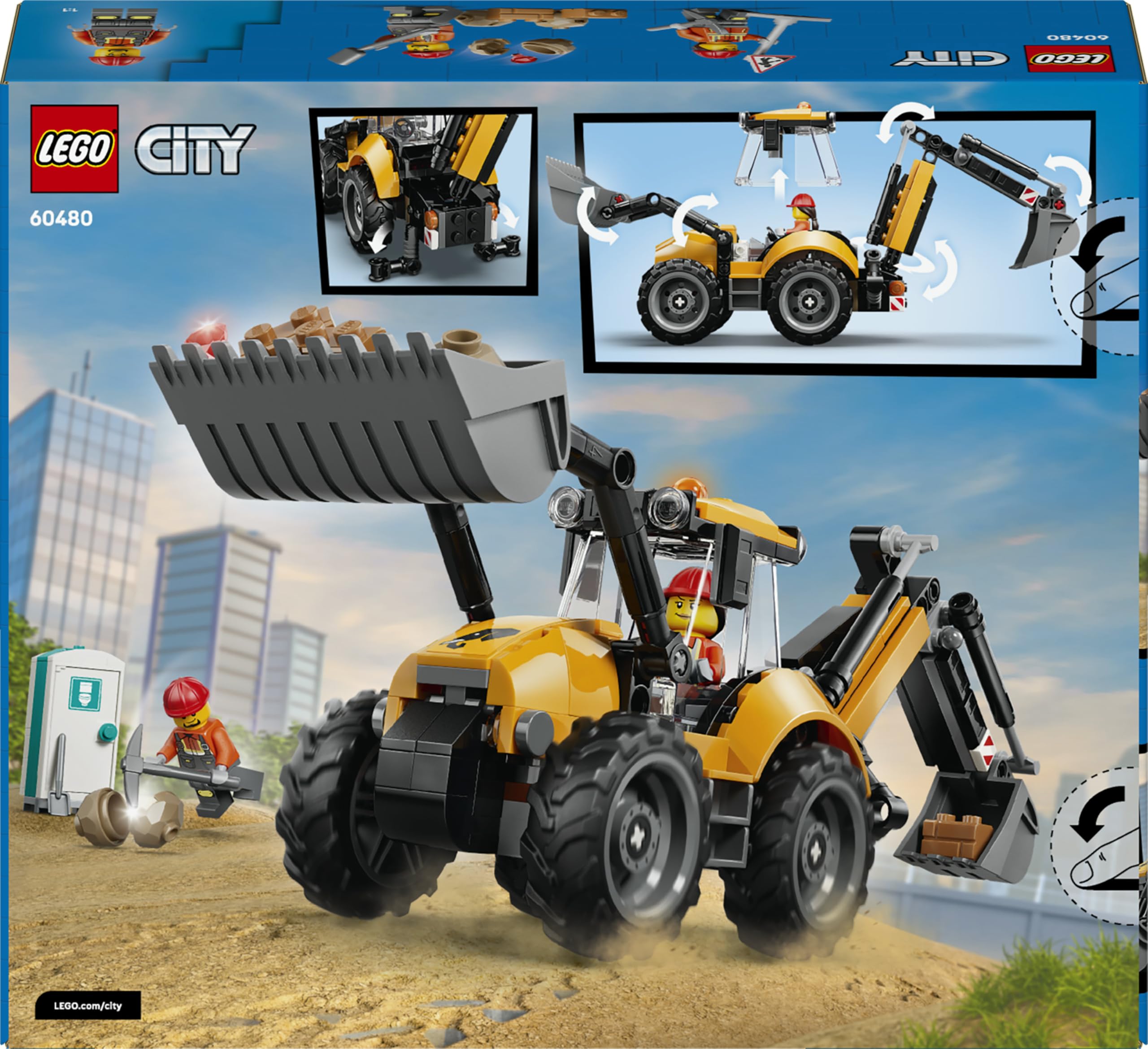 LEGO City Le Tractopelle Jaune - Camion Jouet - Véhicule de Construction - Tracteur avec 2 Minifigurines, Godet Fonctionnel Avant & Pelle Arrière - Idée Cadeau d'anniversaire pour Garçon 7 Ans 60480