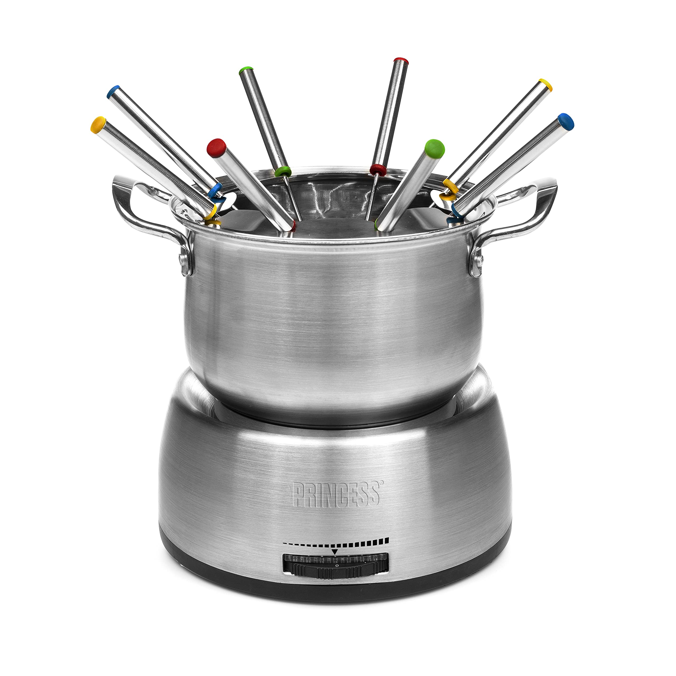Princess Family Fondue-Set - 800 W, 1,2 Liter Fassungsvermögen, Thermostat, Edelstahl, doppelter Boden, 8 Fonduegabeln, 6 Dipschalen, Silber, 172680 01.172680.01.001, edelstahl, silber