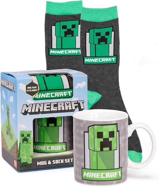 Minecraft Cup and Socks for Kids | Creeper Face Coffee Mug One Size Socks | Gaming Presents Birthday Christmas | Green Grey Blue Ceramic Homeware 11oz