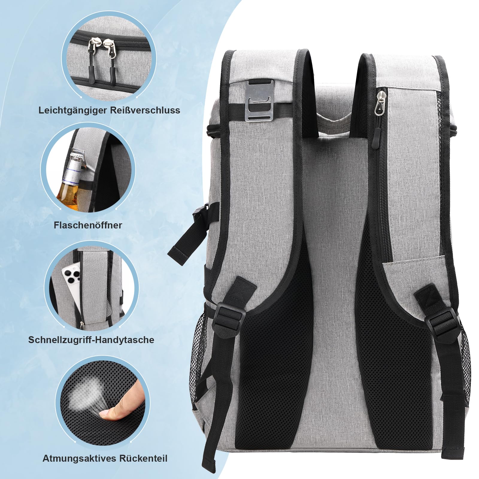 Estarer Sac à dos isotherme, 35 l, étanche, avec décapsuleur, pour le camping, la randonnée et la plage, gris clair