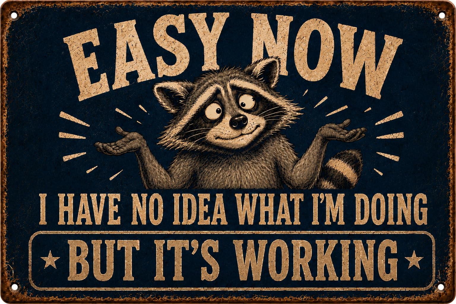 Funny Raccoon Tin Sign, Easy Now Vintage Metal Wall Decor, 12x8 Inch