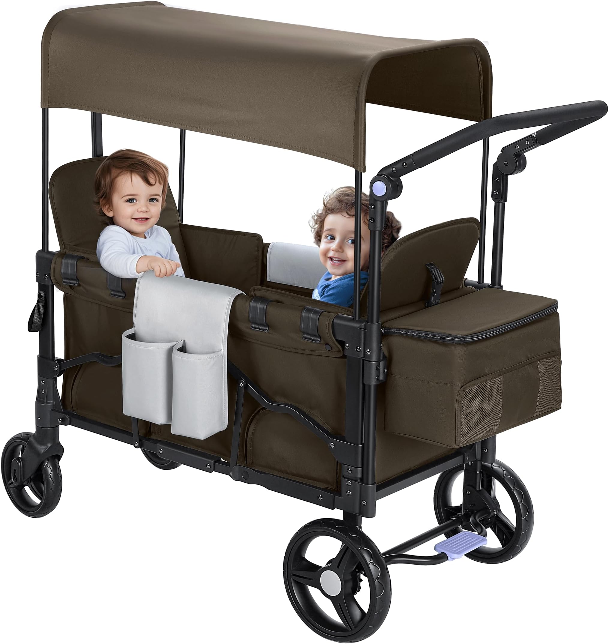 Stroller Wagon for 2 Kids with Canopy, Foldable All-Terrain Wagon Stroller with Adjustable Push/Pull Handle, Parent Organizer, 5-Point Harness (Brown)