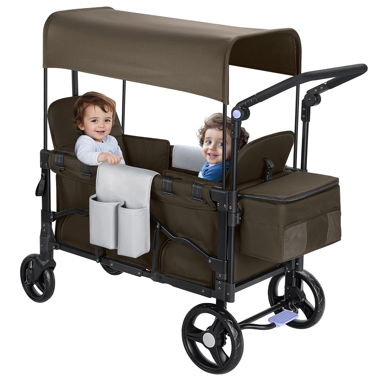 Stroller Wagon for 2 Kids with Canopy, Foldable All-Terrain Wagon Stroller with Adjustable Push/Pull Handle, Parent Organizer, 5-Point Harness (Brown)