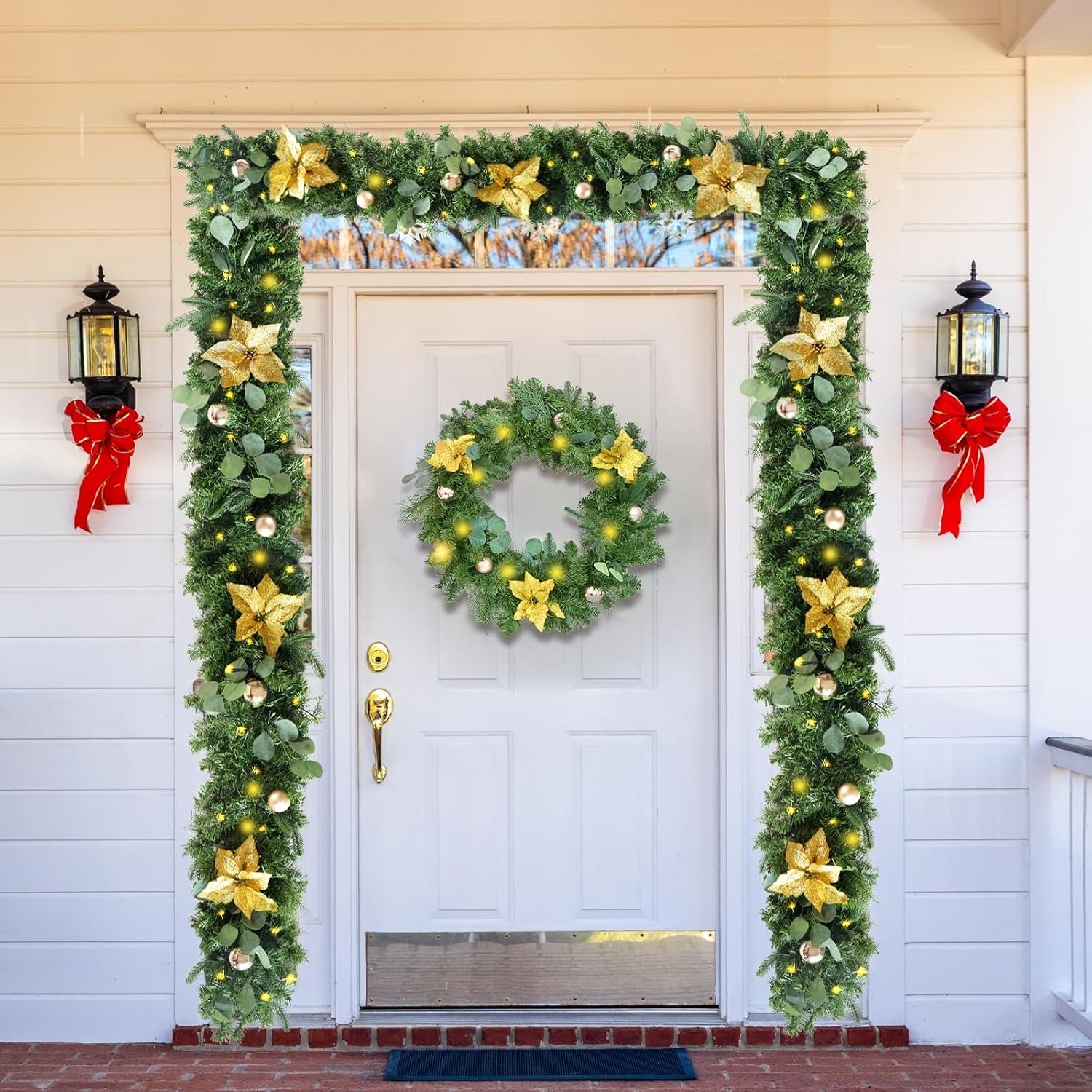 6FT Christmas Garland with Lights, Realistic Artificial Ornament Garland with Christmas Balls and Flowers for Holiday Mantle Stairs Door Outdoor Decor, Gold - Image 7