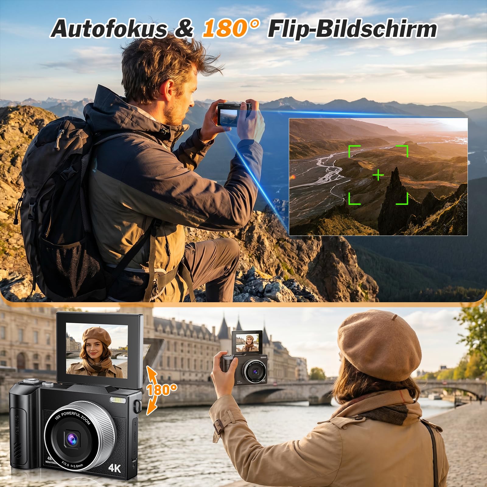 Cámara de Fotos 48MP 4K Cámara Digital Compacta con Zoom 16X 2,8" LCD Compacta Portátil Cámara con Tarjeta 32GB para Niños Principiantes Adulto (Negro)