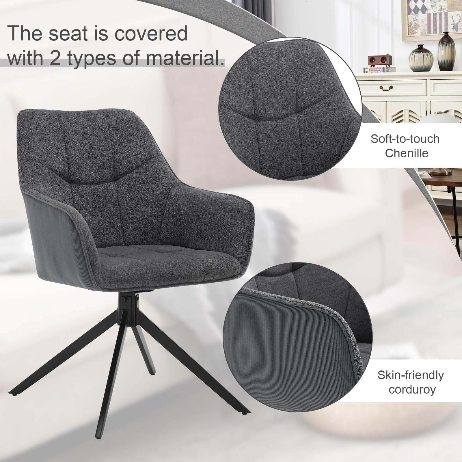 WOLTU Esszimmerstühle drehbar 2er Set, für Esszimmer Wohnzimmer Küche, Küchenstühle gepolstert mit Armlehnen, Metallbeinen, aus Chenille & Cord, Dunkelgrau