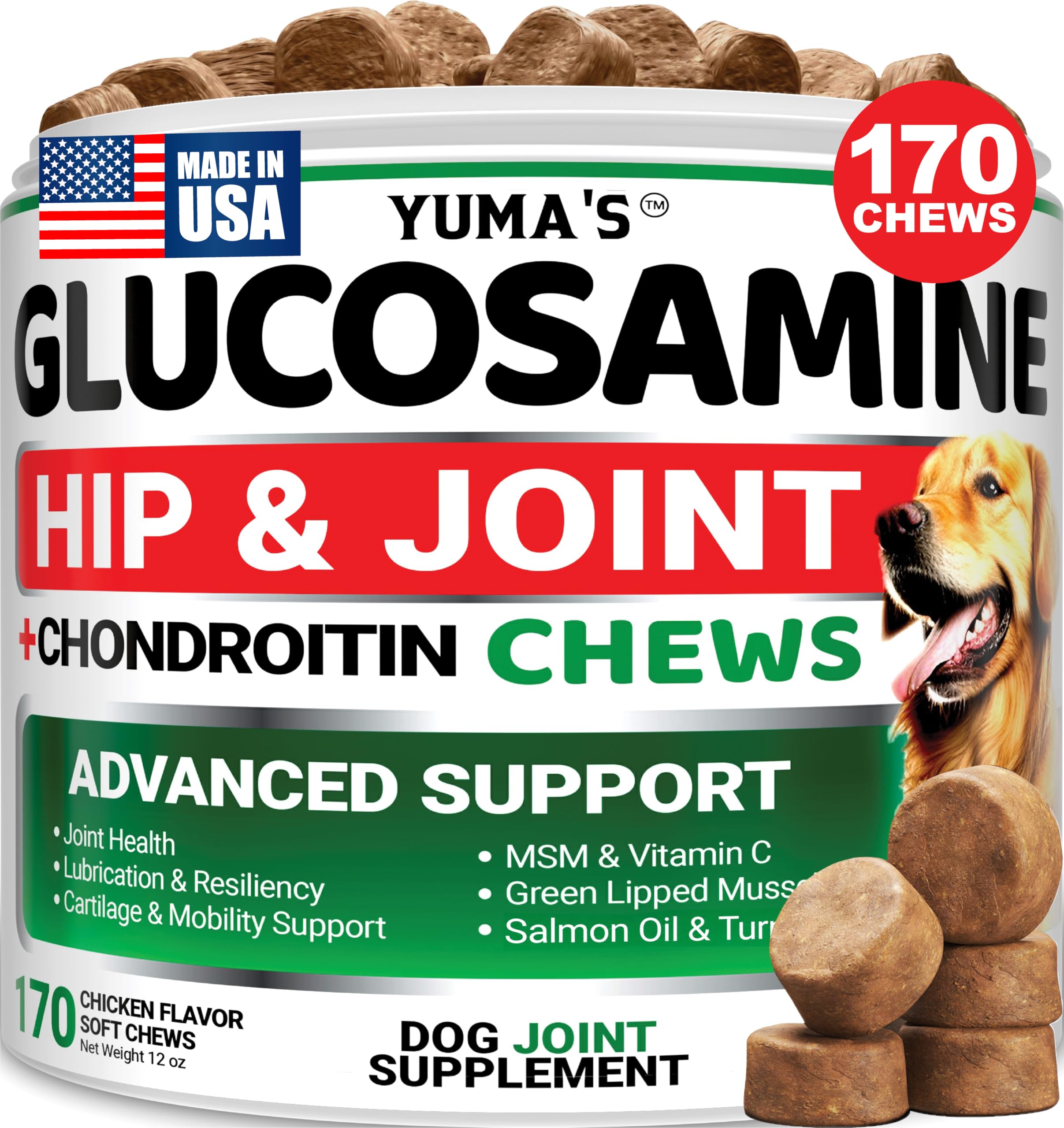 YUMA'S Glucosamine pour chiens - Supplément de hanche et articulation pour chiens - 170 CT - Glucosamine chondroïtine pour chiens à mâcher - Soulagement des douleurs articulaires pour chiens avec