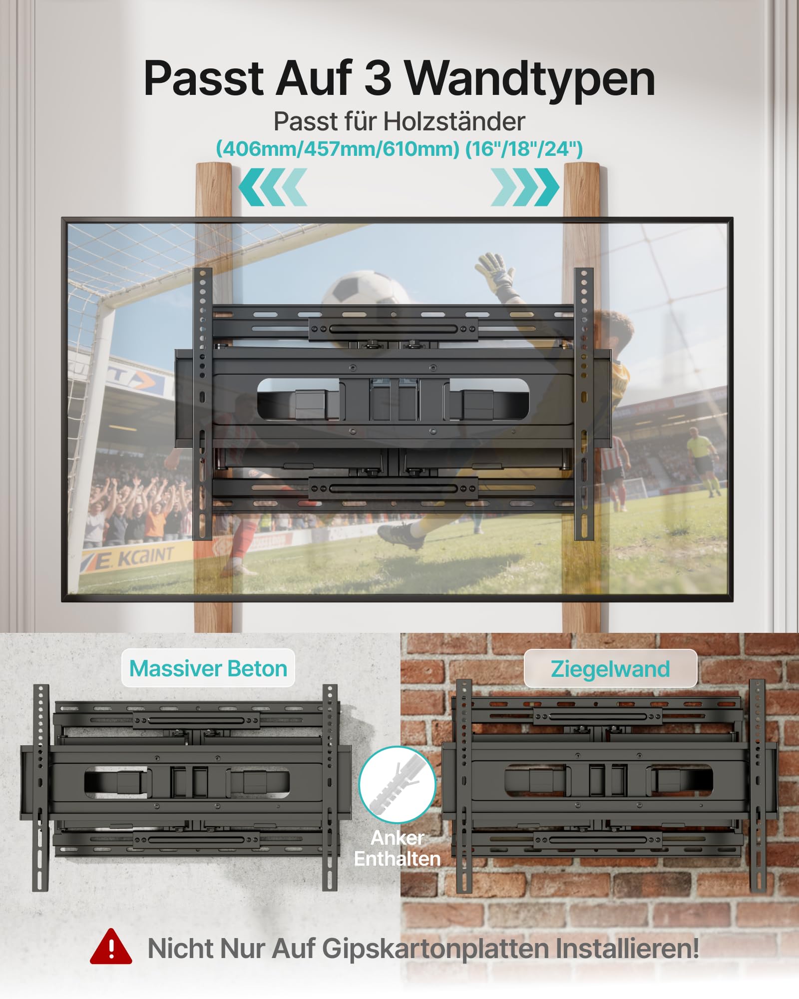 PEGZONE Doppelarm TV Wandhalterung bis 80 kg für 37–90 Zoll Fernseher | Wandhalterung Fernseher Schwenkbar & Neigbar, max. VESA 600x400 mm, Wandabstand 120–645 mm, Kabelmanagement