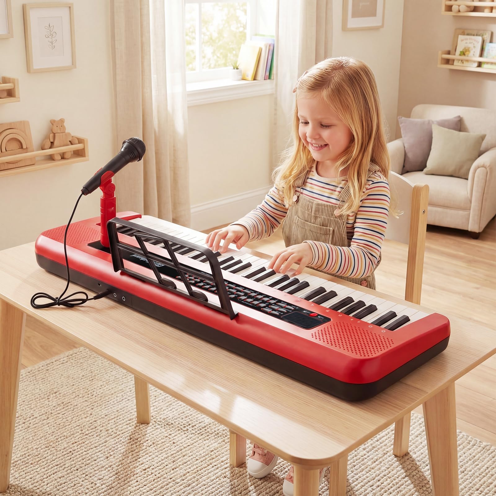 COSTWAY 61 Tasten Kinder Keyboard, Elektronisches Kinderklavier mit verstellbarem Ständer, Mikrofon & Notenständer, Kinderpiano mit Sounds, Demos & Rhythmen, für Kinder ab 3 Jahren (Rot)