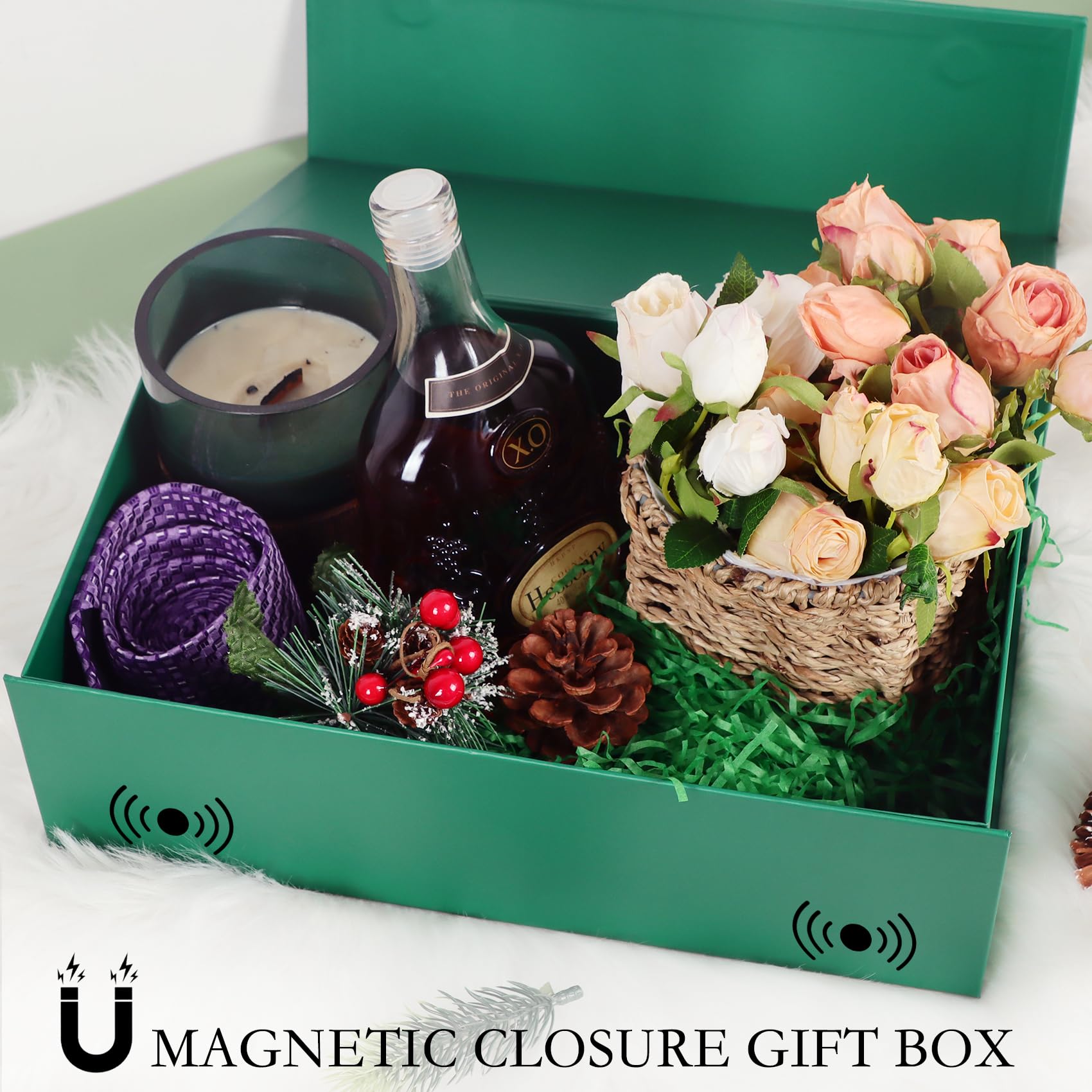 LFBOX Green Christmas Gift Box with Magnetic Lids 13.8x8.3x4.4 in, Bridesmaid Groomsman Proposal Box, Large Rectangle Storage Box 5 Pack