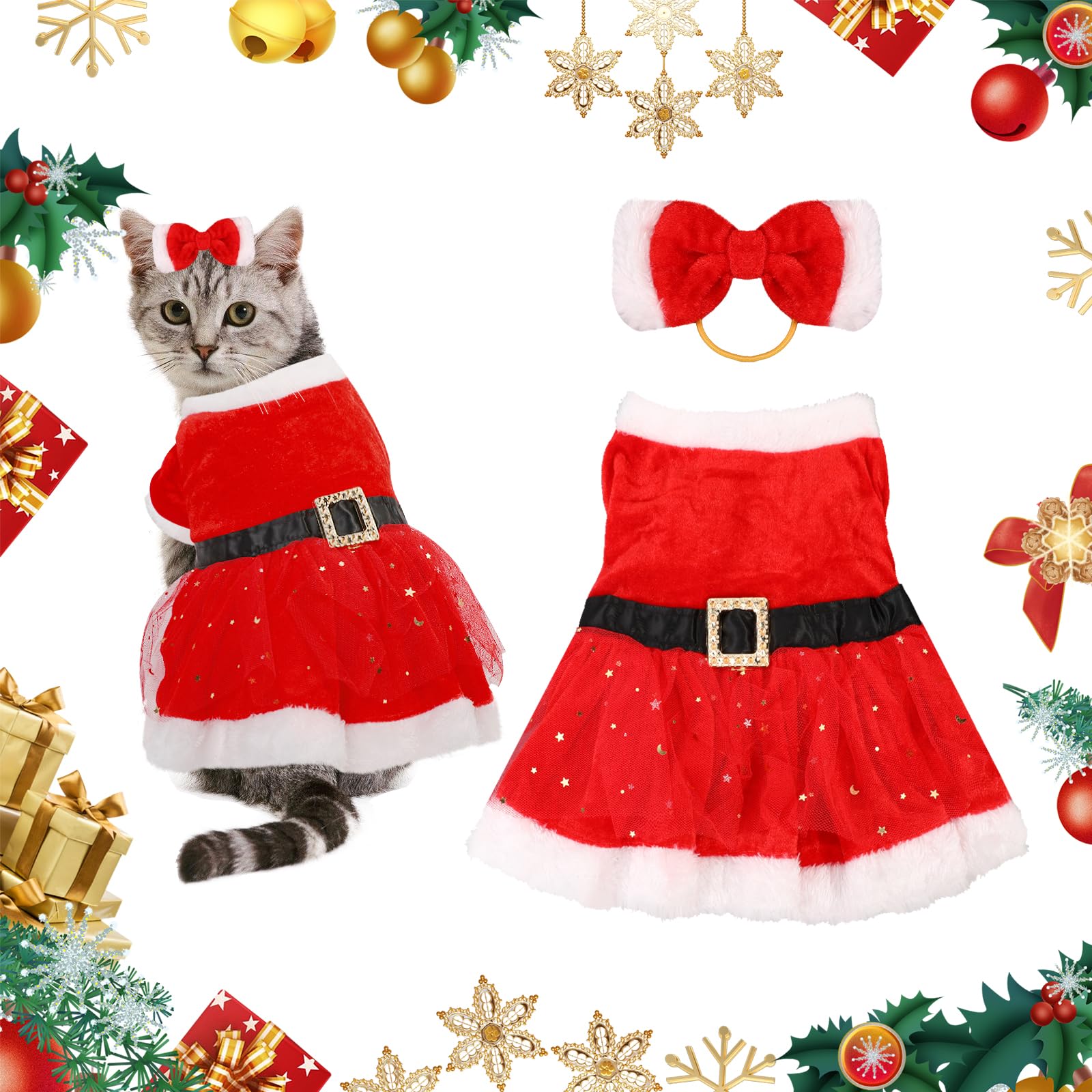Cute Pet Christmas Costume, Girl Dog Red Holiday Dress with Bow Hairband - Image 2