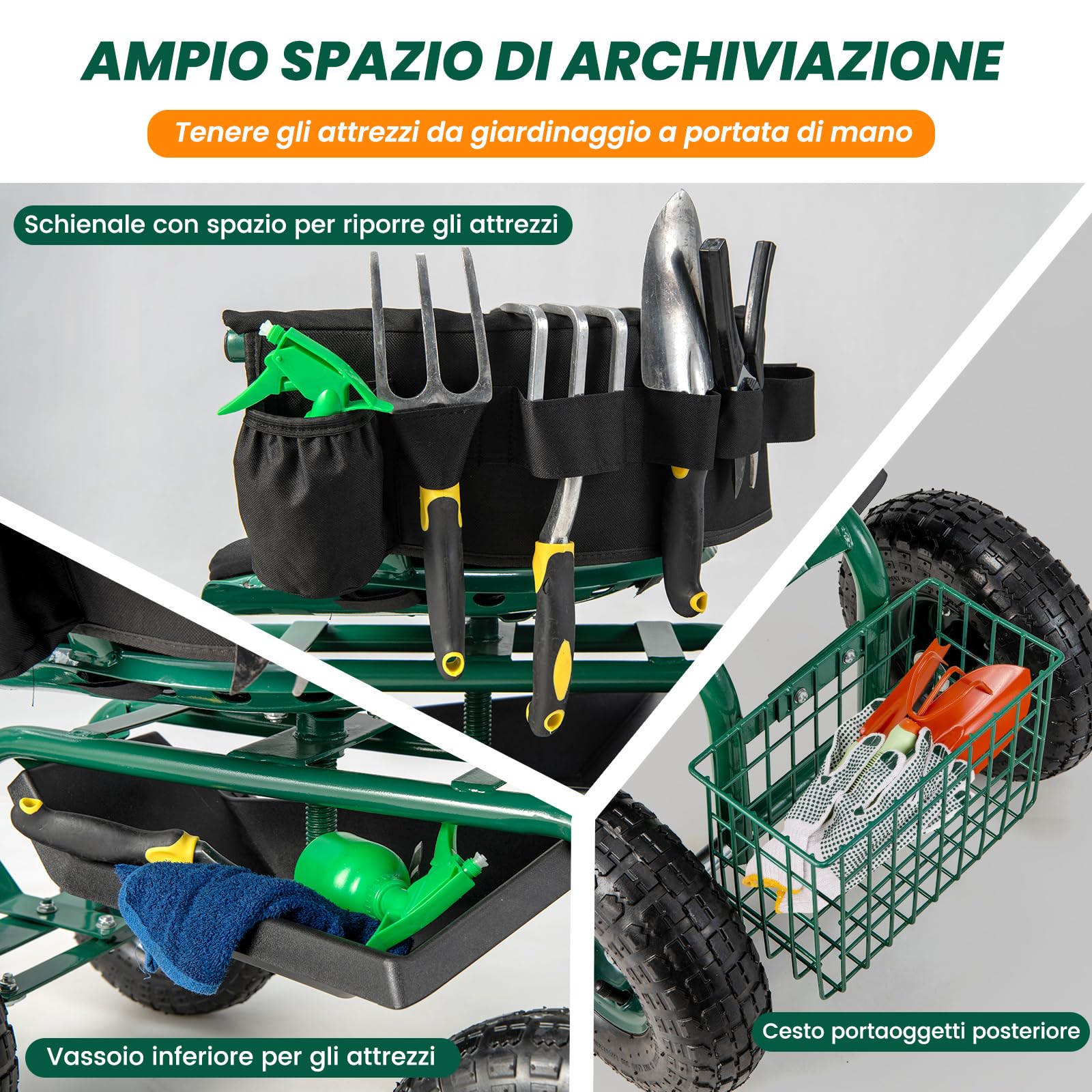 COSTWAY Sgabello per Giardinaggio con Ruote, Carrello da Giardino Regolabile in Altezza con Sedile Girevole a 360, Cuscino, 2 Maniglie di Sterzo e Vassoio Porta Utensili