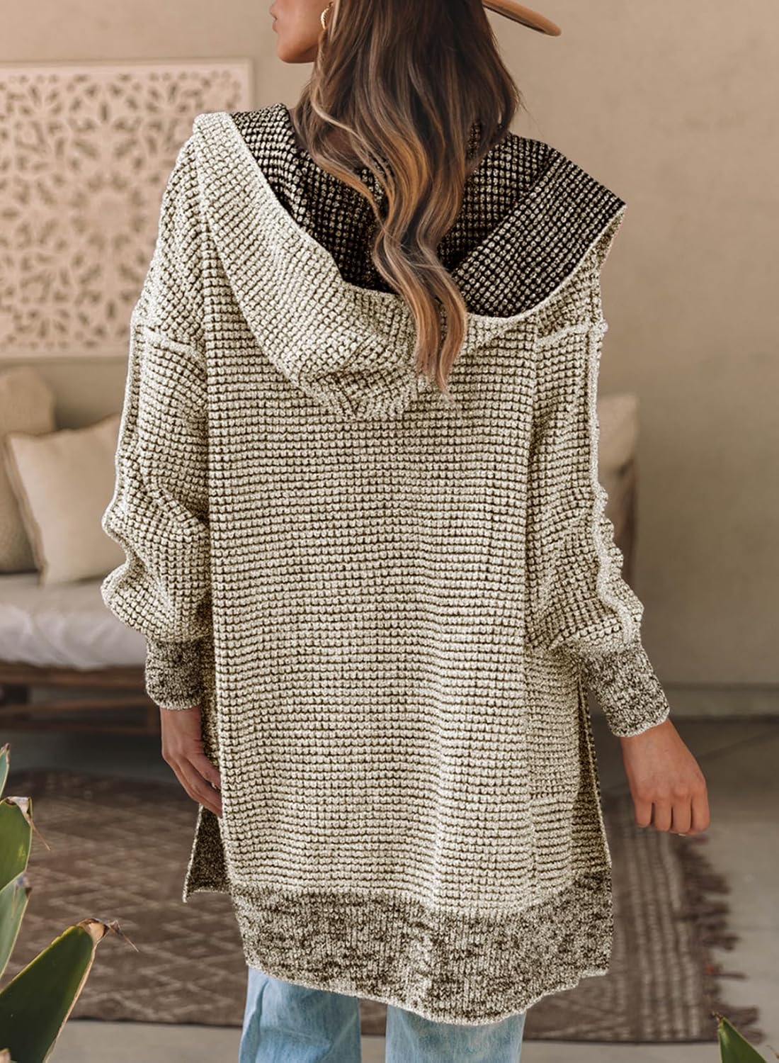 Sidefeel Women's Cardigan Sweaters Hooded Oversized Open Front Chunky Knit Plaid Sweater Coat Fall Fashion Tops - Image 4