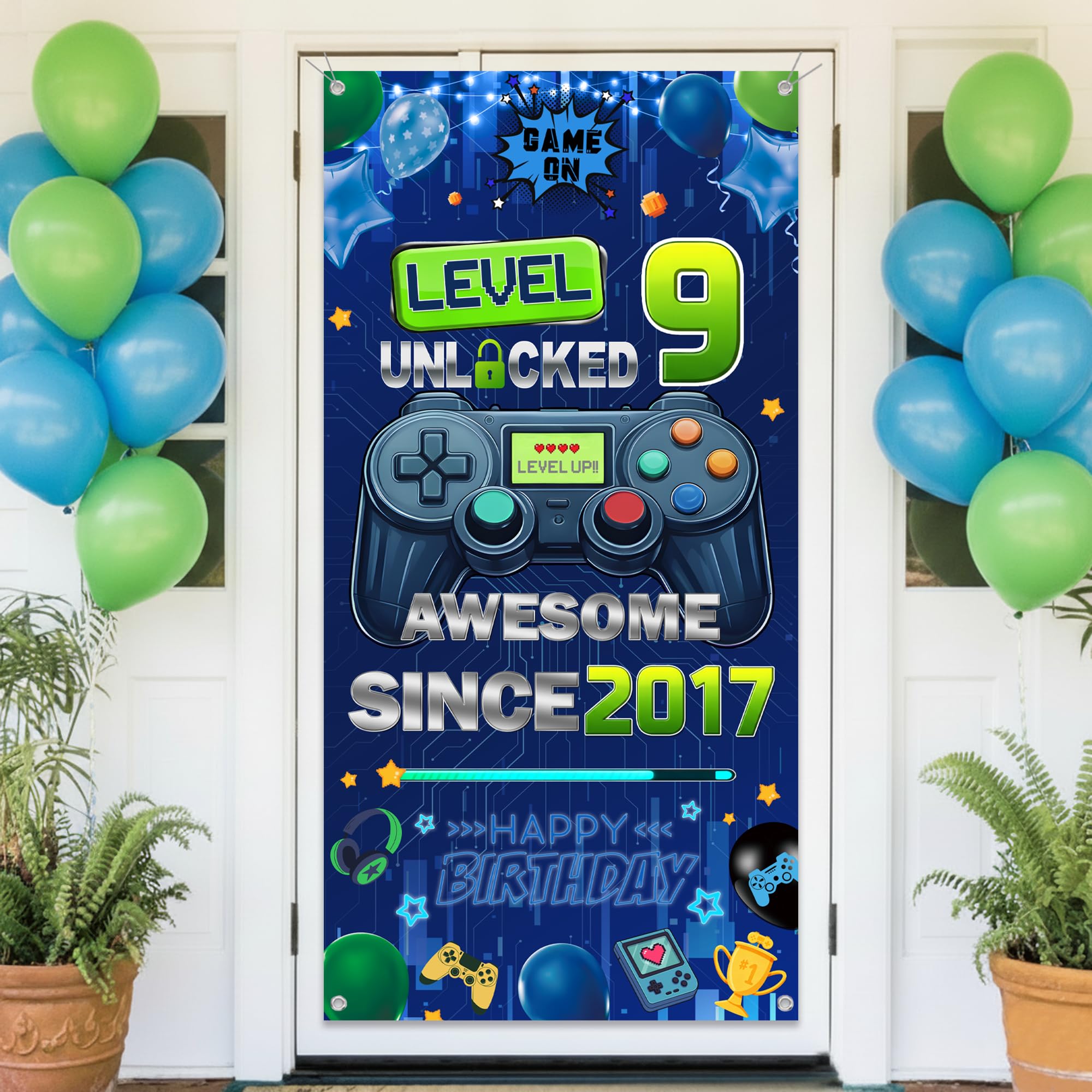 batnite Game 9th Birthday Decorations Banner, Large Blue Gaming Banner