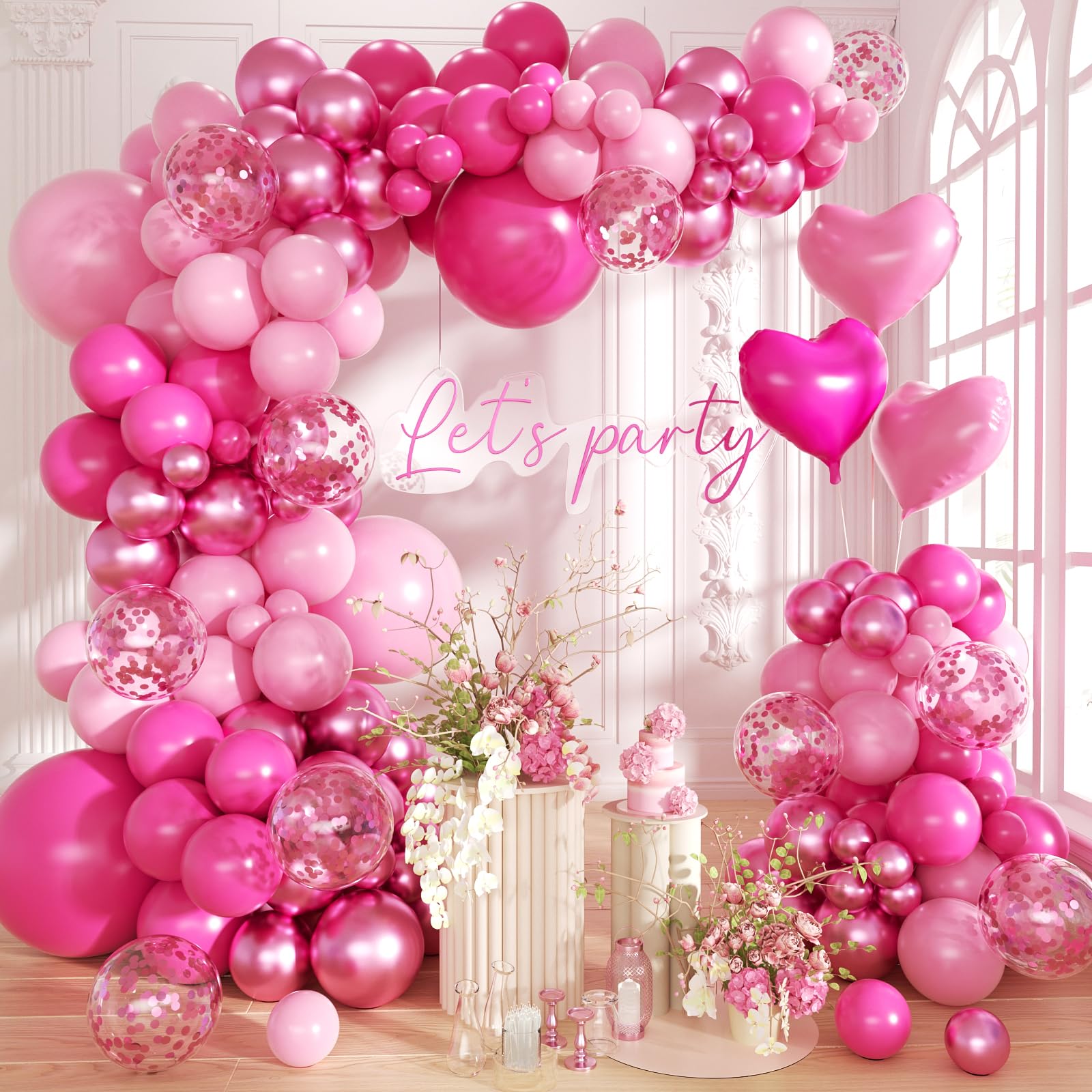 Hot Pink Balloon Garland Arch Kit,150Pcs Baby Pink and Metallic Magenta Balloon Pink Confetti Balloons with Heart Foil Balloons for Girls' Birthday