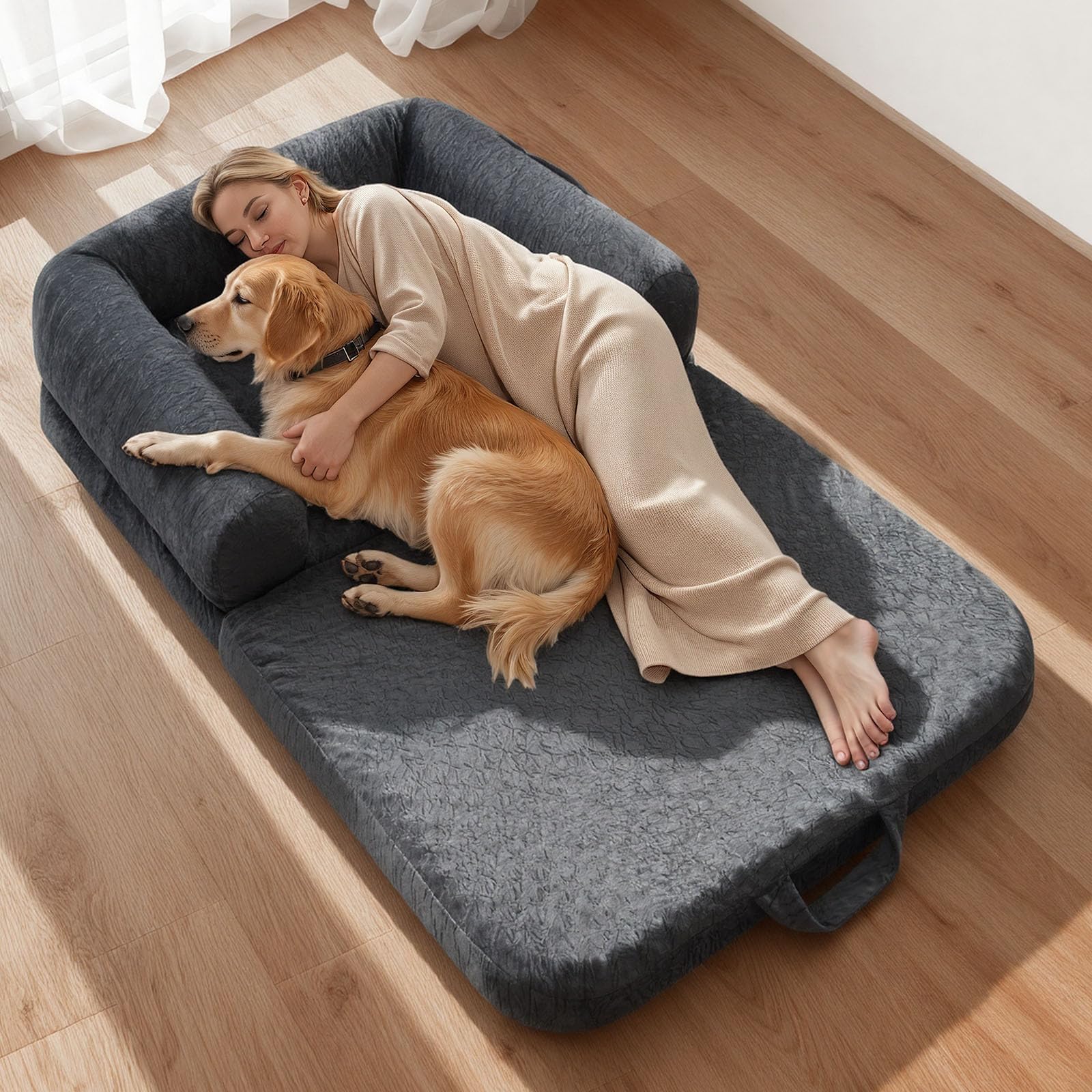 VEVOR Cama para Perros Rectangular, 179 x 95 x 22 cm, Ortopédica, de Espuma Viscoelástica, Tamaño Humano, con Bolsillo Lateral, Asa y Cremallera, Funda Extraíble y Lavable a Máquina, Gris Oscuro