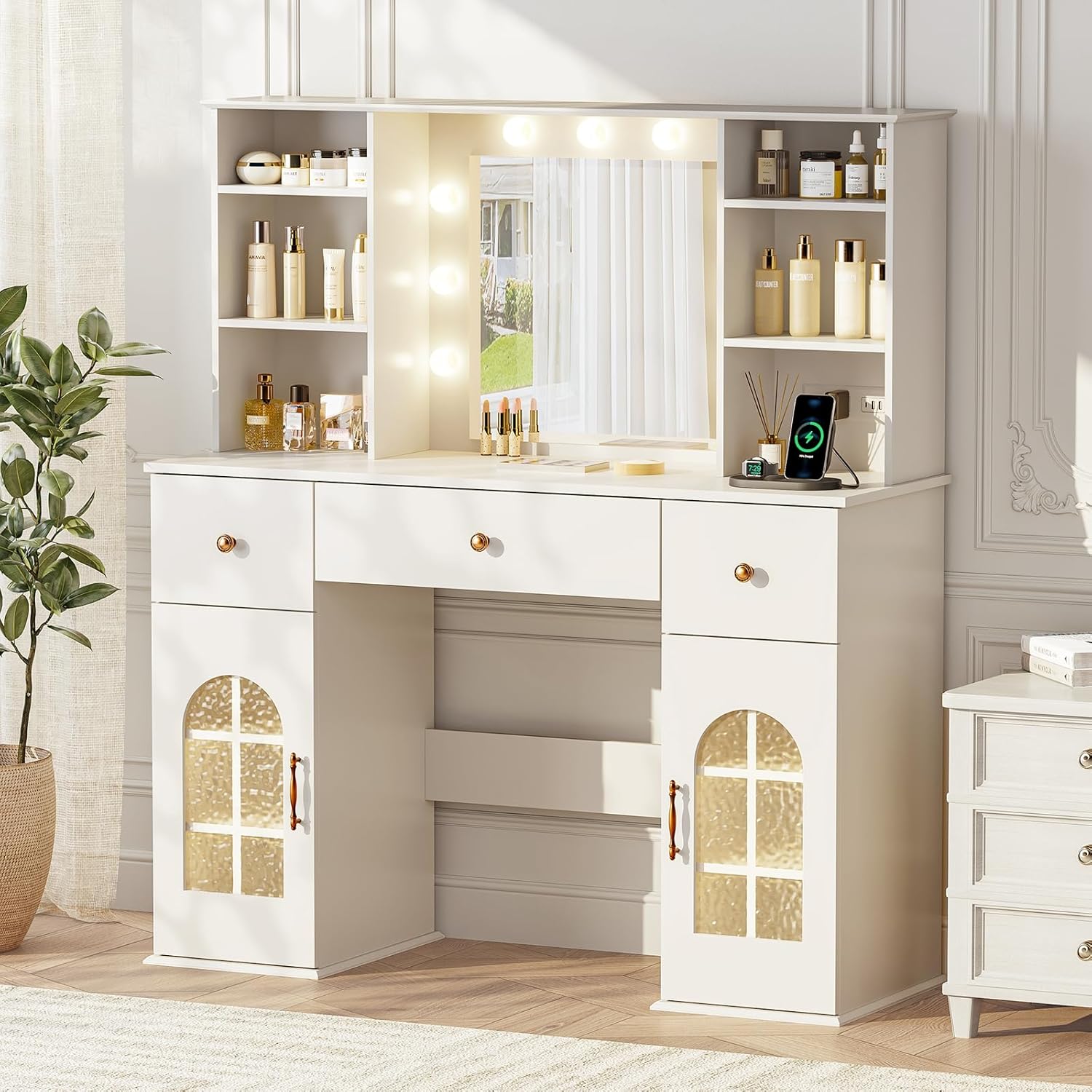 47.2" Makeup Vanity Desk with Lighted Mirror, Glass Arched Window Cabinet with 3 Colors, Power Outlet, 8 Shelves, 3 Drawers Storage, Big Vanitys Table for Bedroom/Dressing Room, White