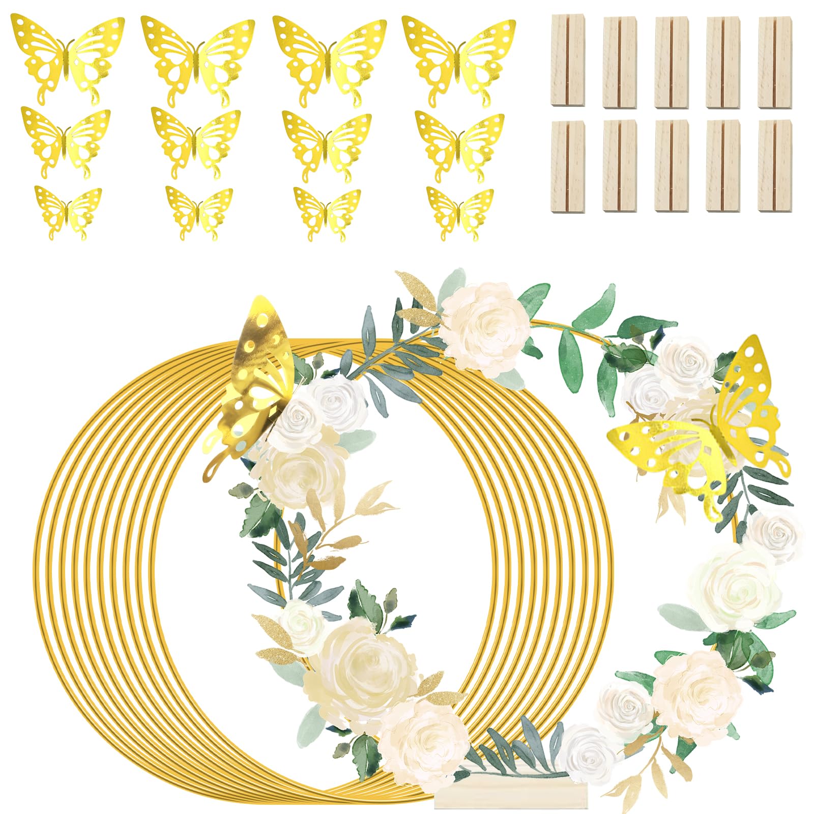 10 cerchi floreali in metallo da 30,5 cm con supporto per centrotavola, ghirlanda dorata macramè anello con decorazione a farfalla 3D, centrotavola decorazioni da tavolo per matrimoni, feste fai da te