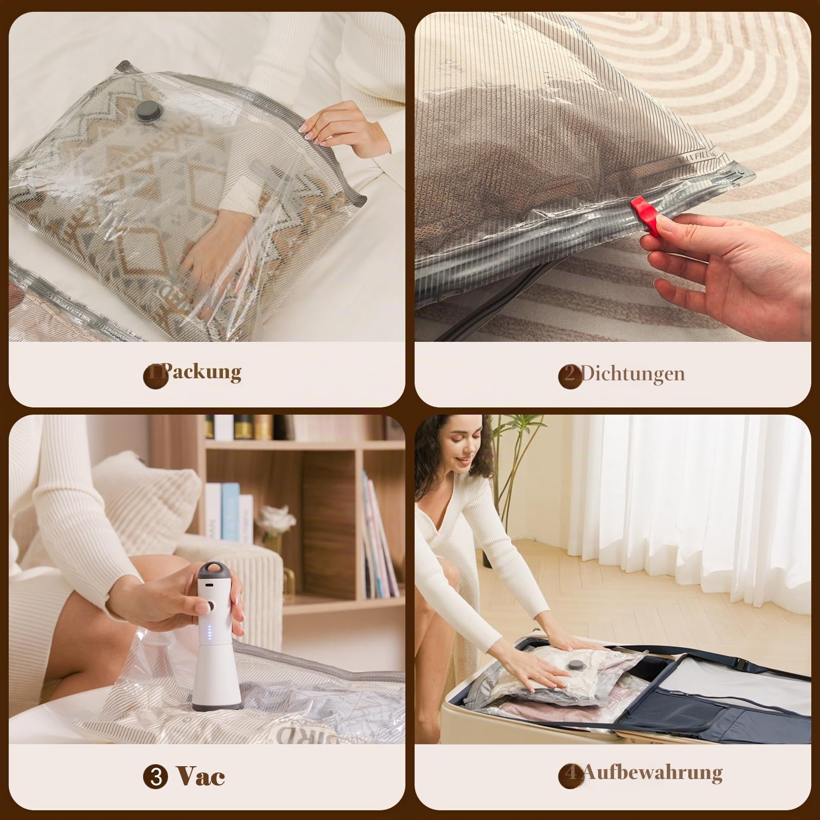 Vacbird Vakuumbeutel für Reisen mit wiederaufladbarer Luftpumpe, 15 Stück, Handgepäckgröße, Kompressions-Verpackungsbeutel für Gepäck und Koffer, platzsparende Taschen für Kleidung und Kleidung Reisen