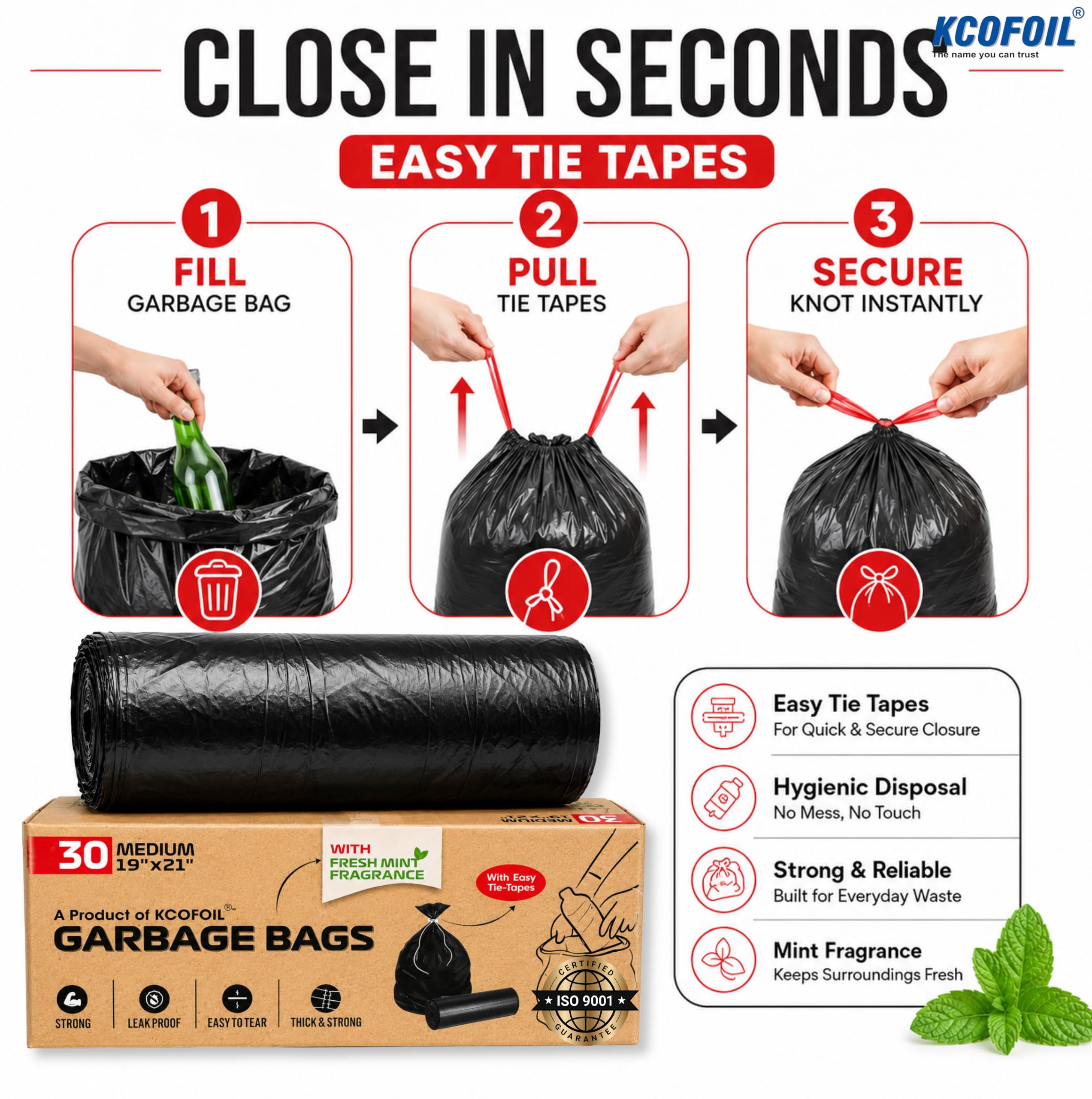 Black Garbage Bags for Dustbin | Medium | 90 Bags | 30 Bags X 3 Rolls | 19 X 21 Inches | Mint Fragrance | Tie-Tape | Strong & Leak Proof Trash Bags (Pack of 3) — Amazon image 5