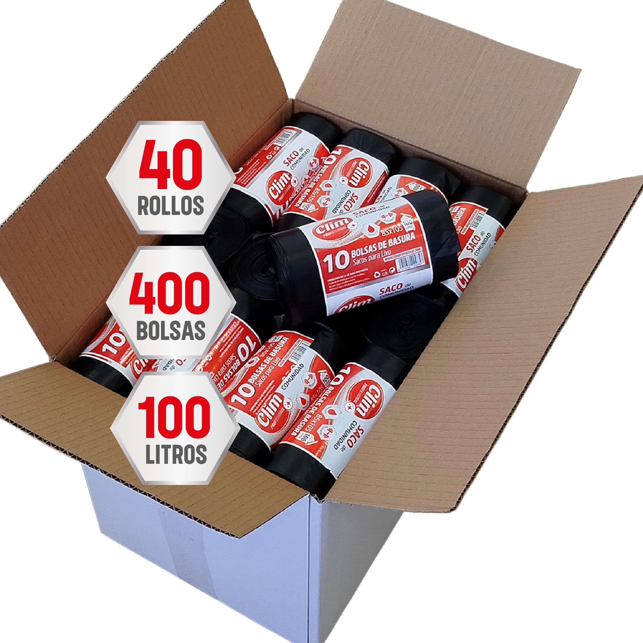 Clim Profesional 400 Bolsas Basura Resistentes 100 Litros. Rollo 10 uds color negro. Caja con 400 Sacos de Bolsas de Comunidad 85x105cm 100 litros