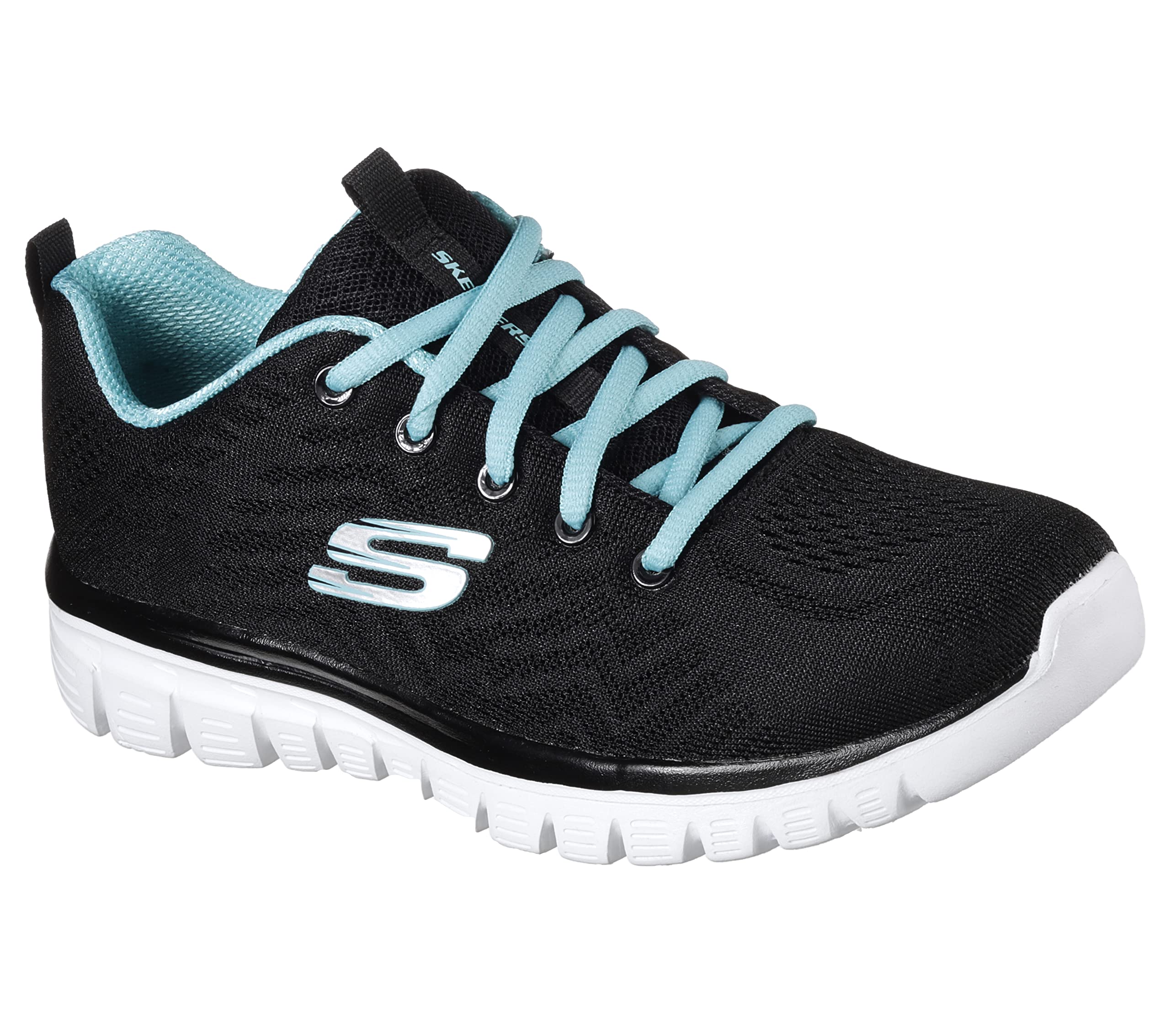 Skechers Women's 12615 GRACEFUL GET CONNECTED Sneaker, Black Mesh/ Turquoise Trim, 2 UK