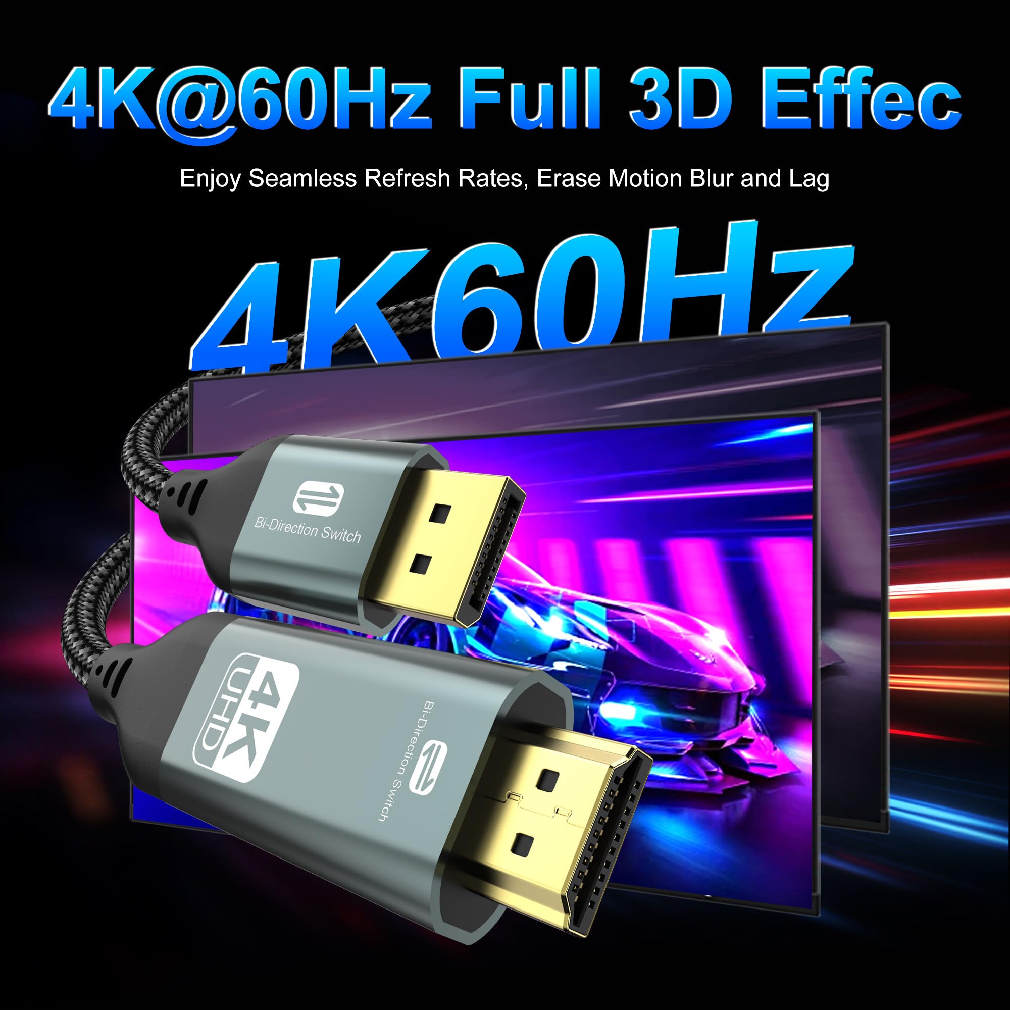 Câble HDMI bidirectionnel 4K vers Displayport (4K @ 60 Hz/2K @ 120 Hz) mâle vers mâle adaptateur bidirectiona Display Port vers HDMI cordon tressé, DP vers HDMI compatible avec AMD, NVIDIA