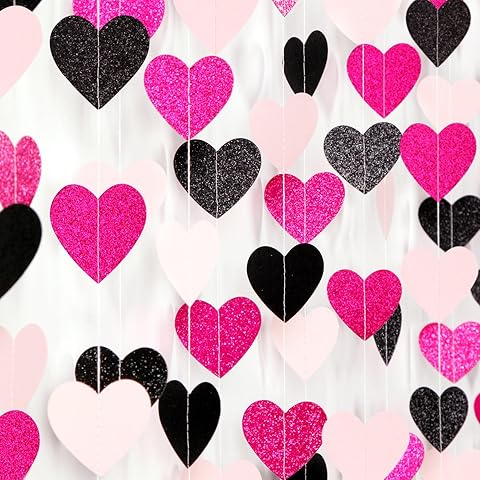 Hot-Pink Black Birthday Party-Decorations Streamers - 62FT Baby Girls Hanging Heart...