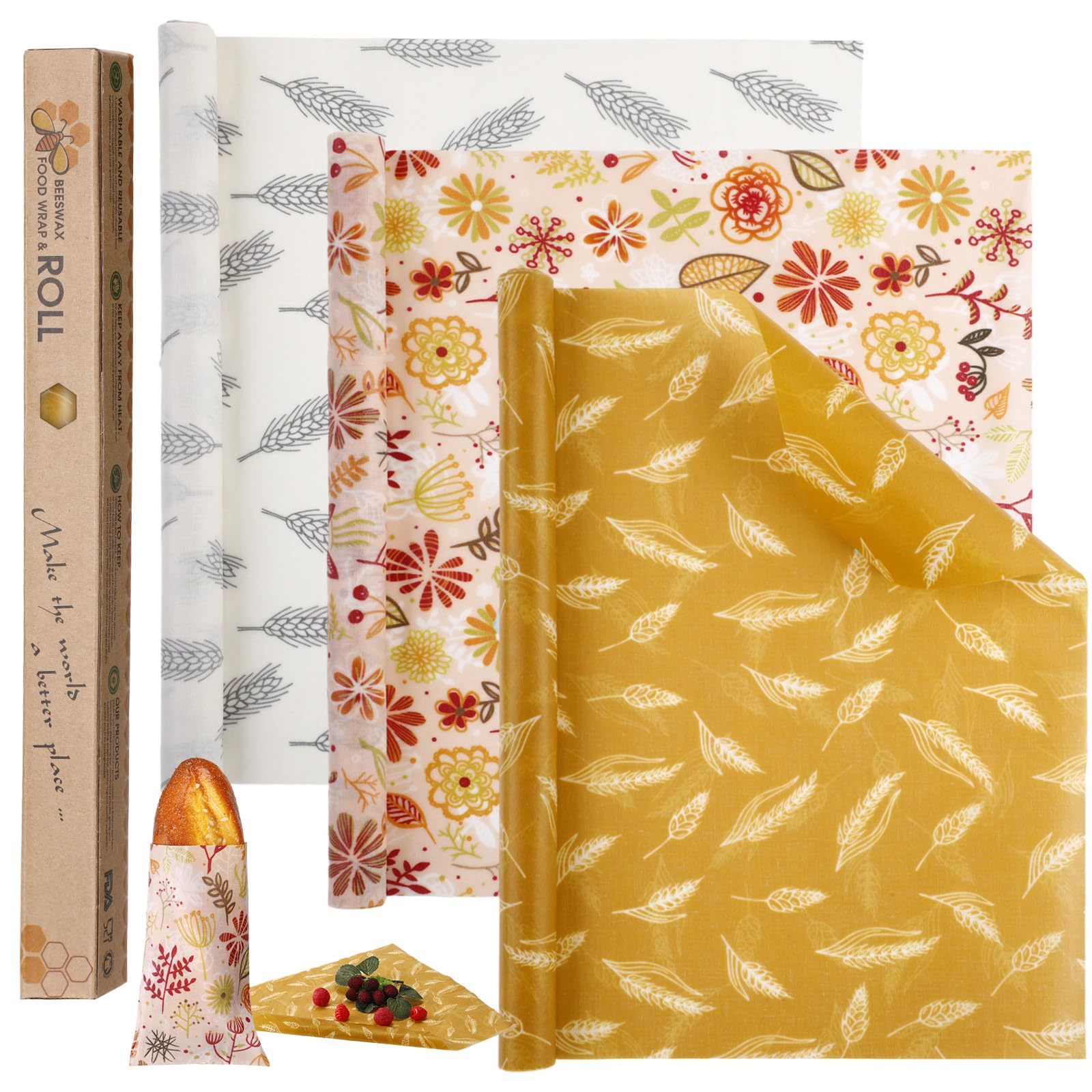 Moukeren 3 Rolls Reusable Beeswax Wrap Roll Bees Wrap "13 x 40" Beeswax Wraps for Food Beeswax Paper Wrappers Cotton Bread Sandwich Wrapper for Kitchen Storage Gifts, 3 Styles(Classic)