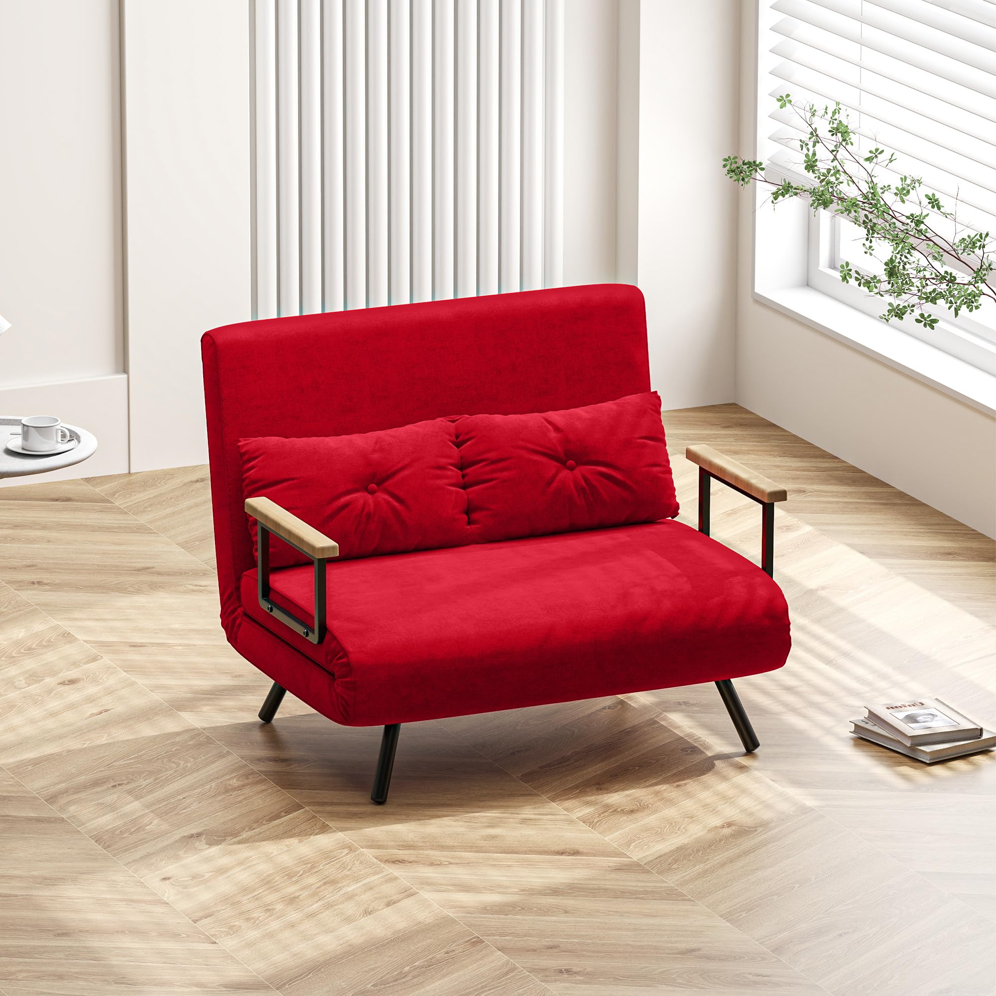 HOMCOM 4 in 1 Divano Letto 2 Posti, con Schienale Regolabile in 5 Posizioni, Divano Letto Matrimoniale Pieghevole con 2 Cuscini, Seduta Imbottita, in Velluto per Casa e Ufficio, 102x73x81 cm, Rosso
