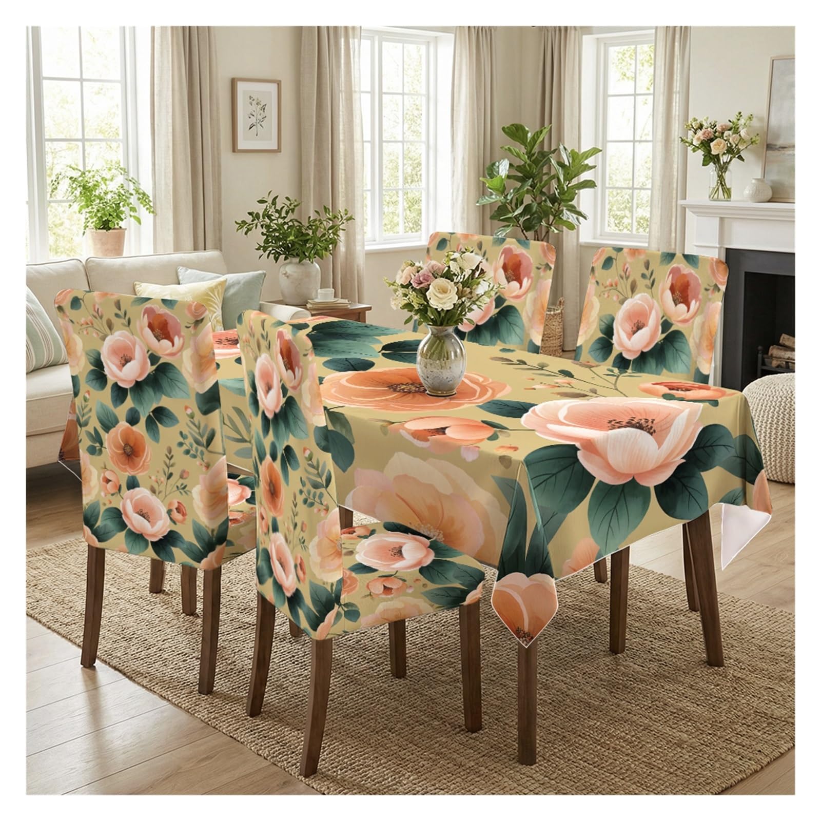 Housses chaise extensibles et nappe pivoines roses lot décoration vintage