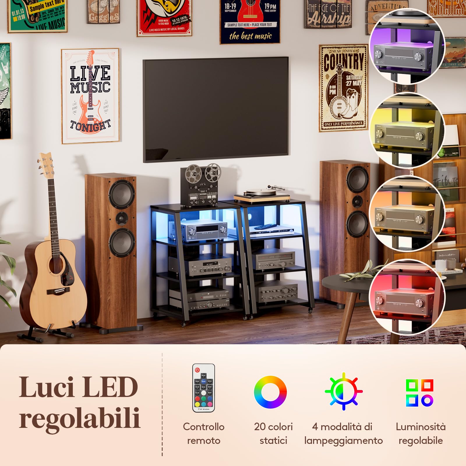 Lifewit Mobile Giradischi con 4 Ripiani, Mobile Hifi con Prese Elettriche e Luci a LED per Mobiletto Stereo Pergiradischi, Vinili Vintage, Casse Giradischi, 60 x 55 x 90 cm, Nero
