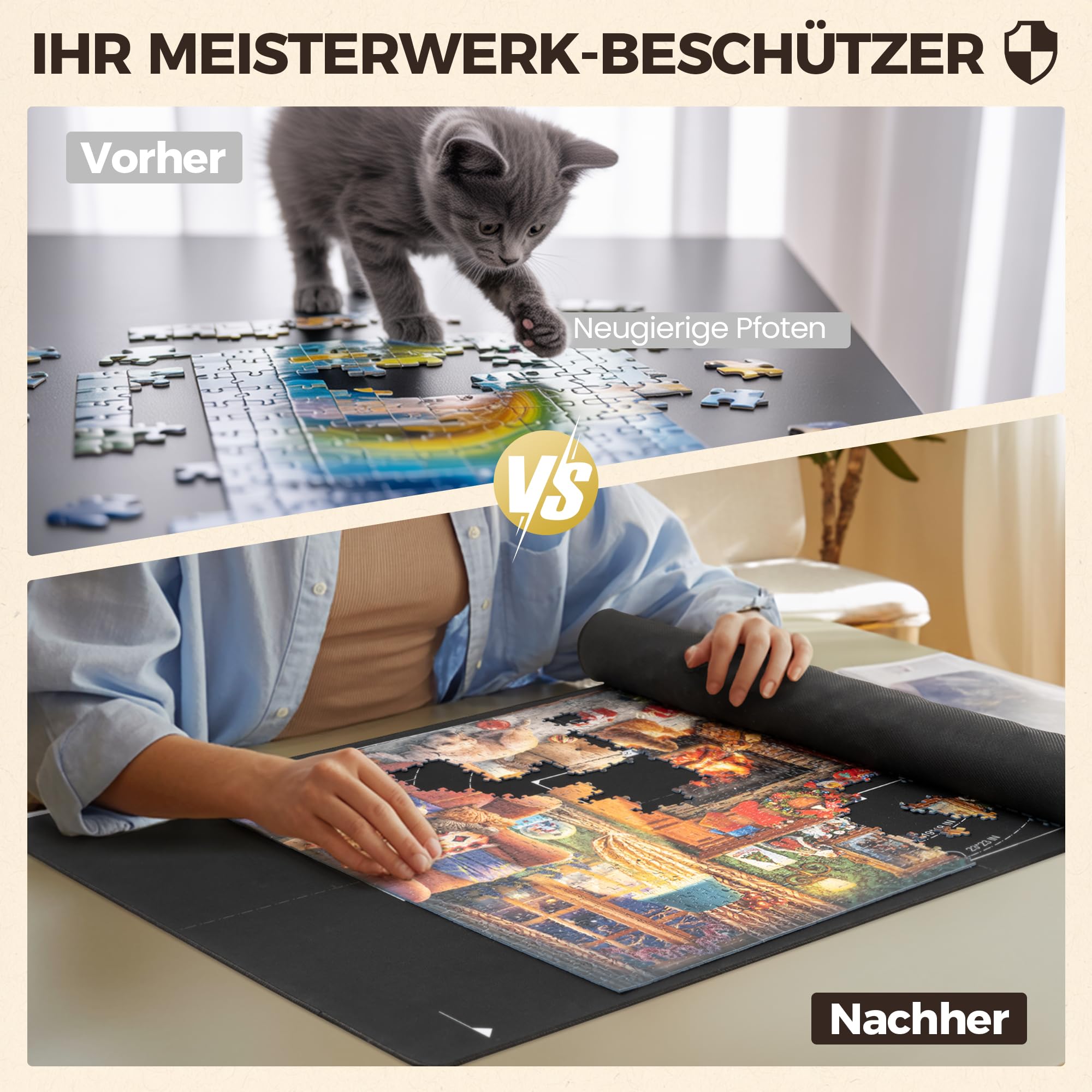 ROPODA Puzzlematte, rutschfeste Puzzle Matte mit Sortierfächern, Puzzelmatten für Puzzle bis 1500, Tragbare Puzzle Matte Roll mit Aufbewahrungstasche, Puzzle-Sparer für Erwachsene und Kinder, Schwarz
