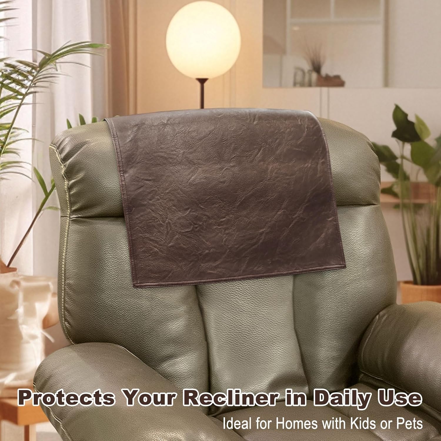2 Pcs Recliner Headrest Protector, PU Leather Headrest Cover for Recliner Chair & Sofa, Adhesive Hook and Loop Headrest Cover, Furniture Headrest Protection, 17 x 27 Inch
