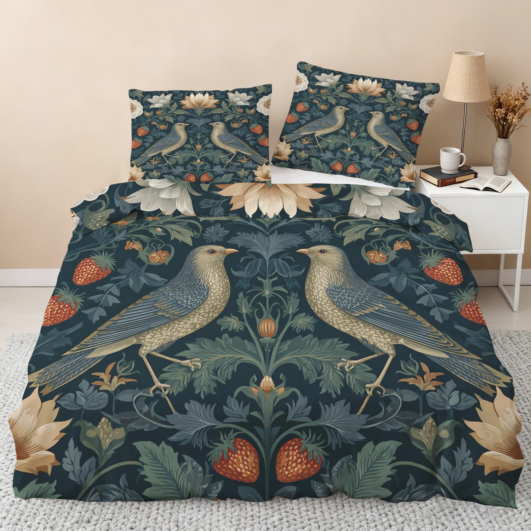 Strawberry Thief Duvet Cover Sets, Botanical William Morris Single Bedding Sets, Soft Reversible Microfiber Quilt Cover & 1 Pillowcases, Zipper Closure, Bedroom Decor BhT29