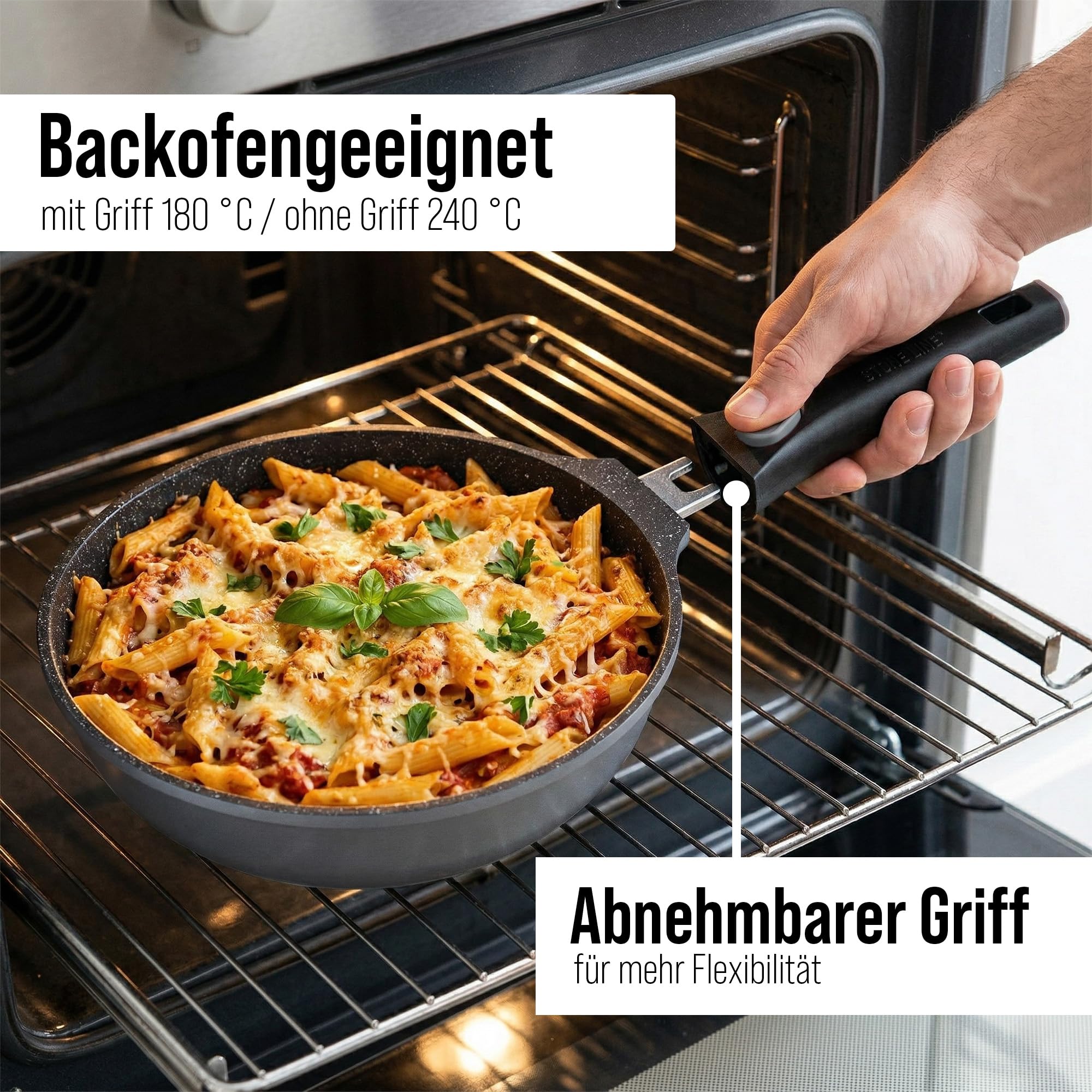 STONELINE SMART Juego de Sartenes 2 Piezas 24/28 cm, Sartén Grande Aluminio Fundido, Mango Desmontable, Sartén Inducción, Todo Tipo de Cocinas, Antiadherente con Partículas de Piedra Reales, Gris