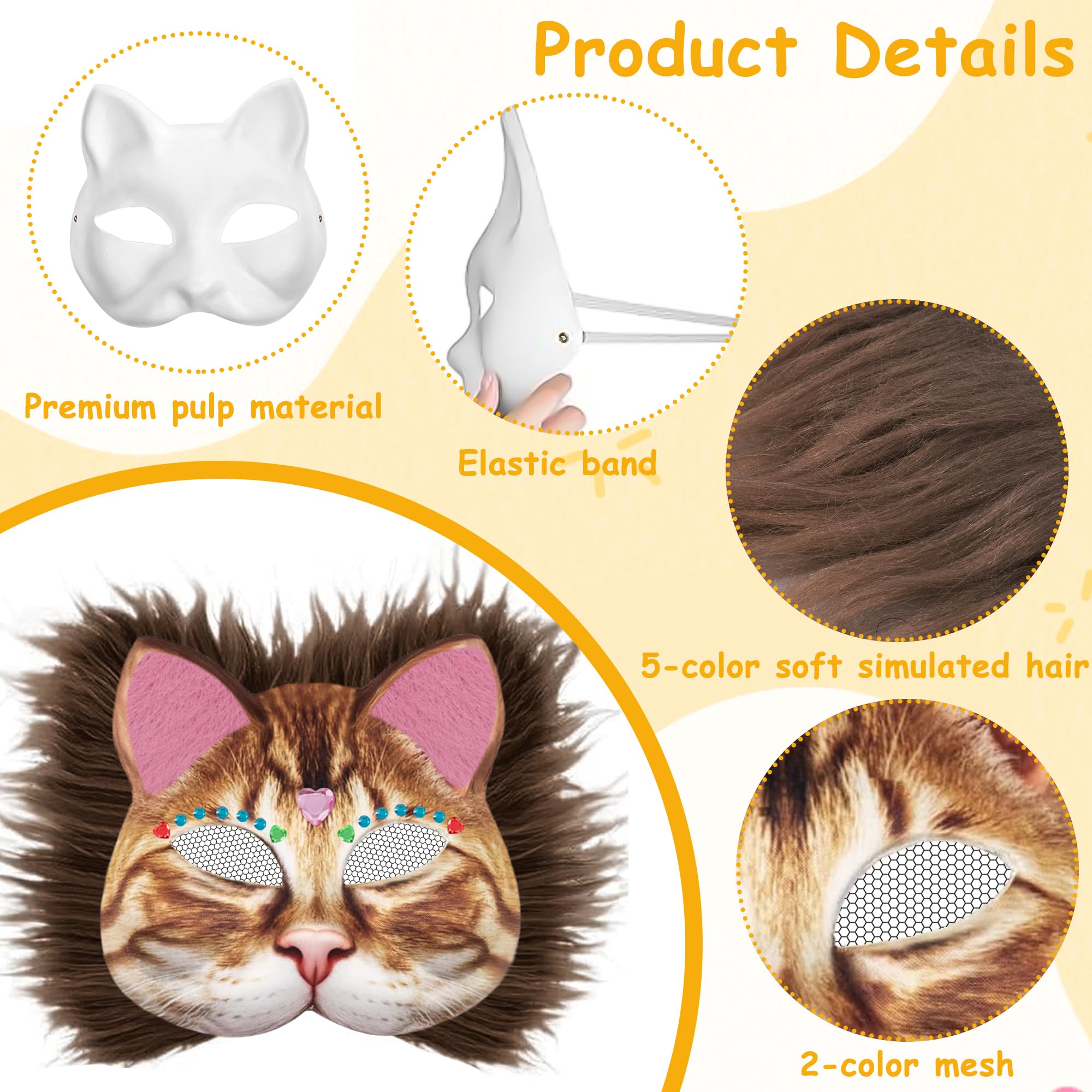 Tunejoy Maschera Gatto Bianca Vuota 6 Pezzi Therian Maschera Gatto Kit DIY Dipinta Mano Maschere con Finta Pelliccia e Foglio di Feltro per Carnevale Cosplay Natale Halloween
