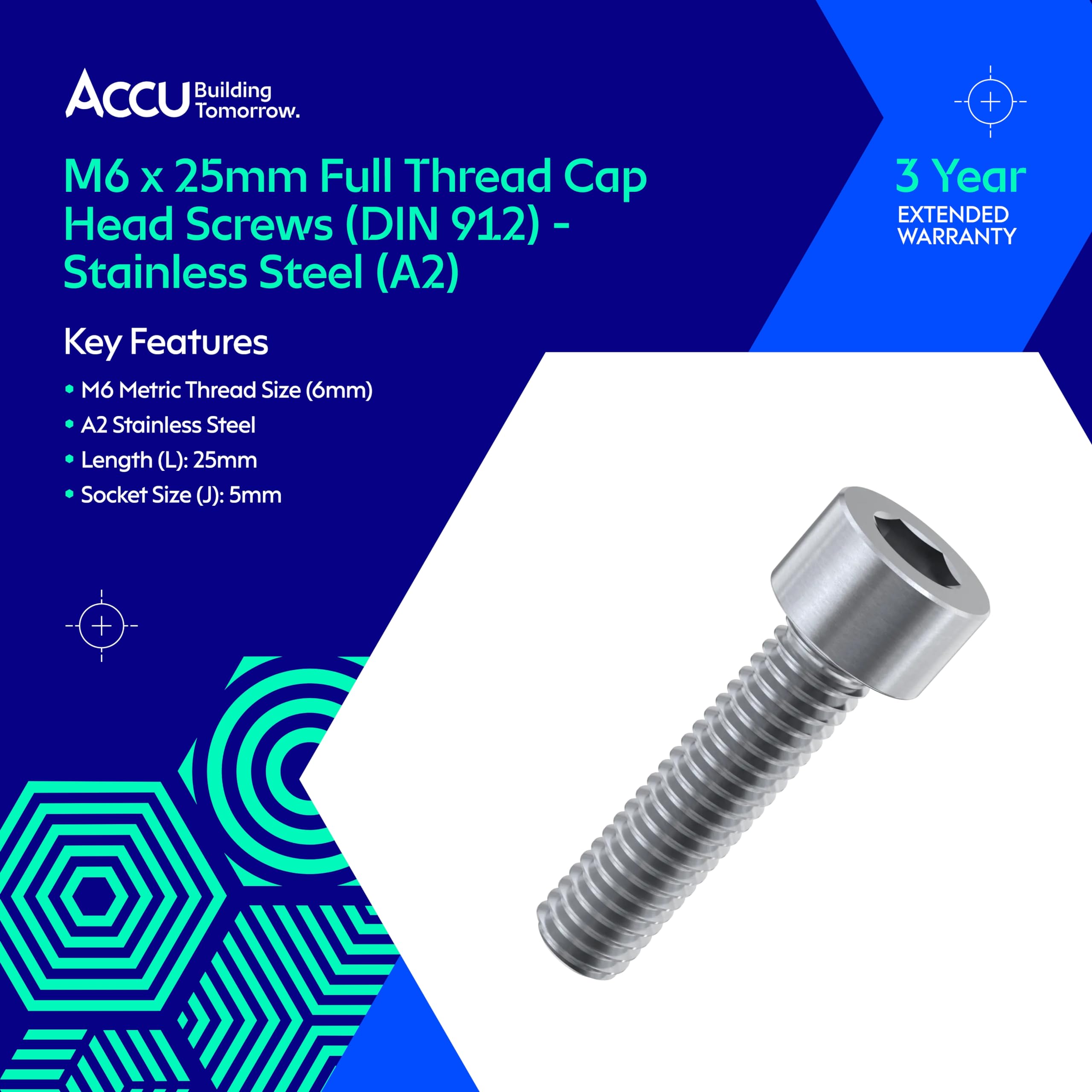 Accu - M6 x 25mm Full Thread Cap Head Screws (DIN 912) - Stainless Steel (A2) (Pack of 20) - Image 2