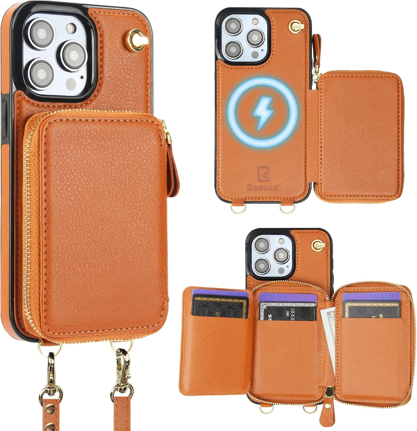Bocasal for MagSafe Crossbody Wallet Case Compatible with iPhone 14 Pro Max, RFID Blocking Protective Purse Case with Card Slots Holder Kickstand Wrist Strap Lanyard Zipper 6.7 Inch 5G (Brown)