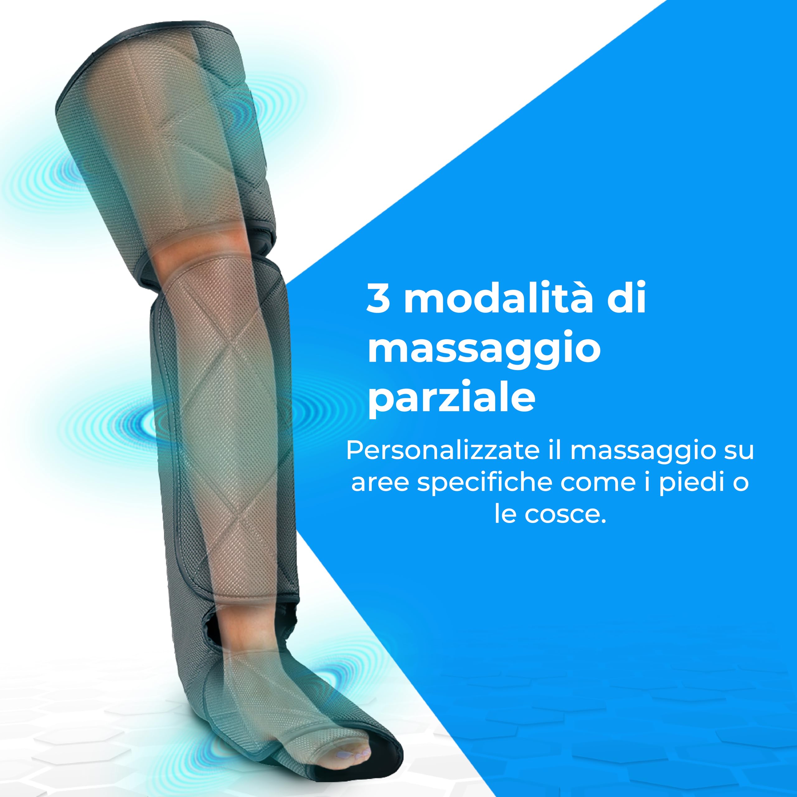 NK Massaggiatore per gambe, 6 modalità di massaggio complete e parziali, 3 livelli di intensità per ciascuna modalità, funzione di riscaldamento, compressione dell'aria per il rilassamento muscolare.