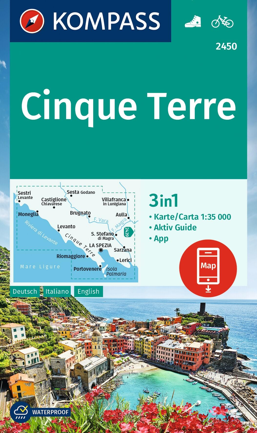 Italy Cinque Terre Kompass map 2450 hiking, walking, cycling + guide booklet